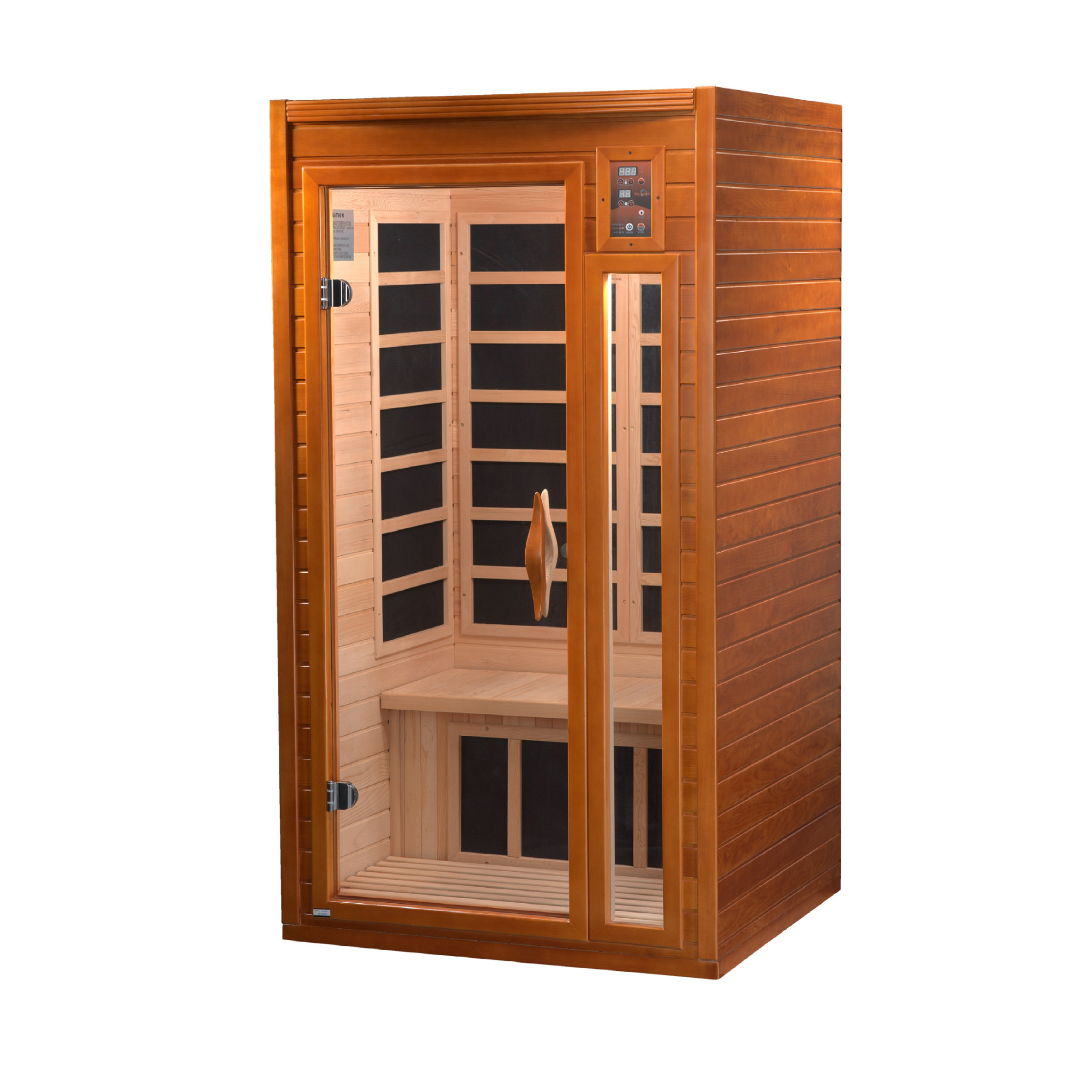 Dynamic Barcelona Elite 1–2 Person Ultra Low EMF Infrared Sauna (3–5MG) with Chromotherapy, Bluetooth & Honey Dark Canadian Hemlock – DYN-6106-01 Elite