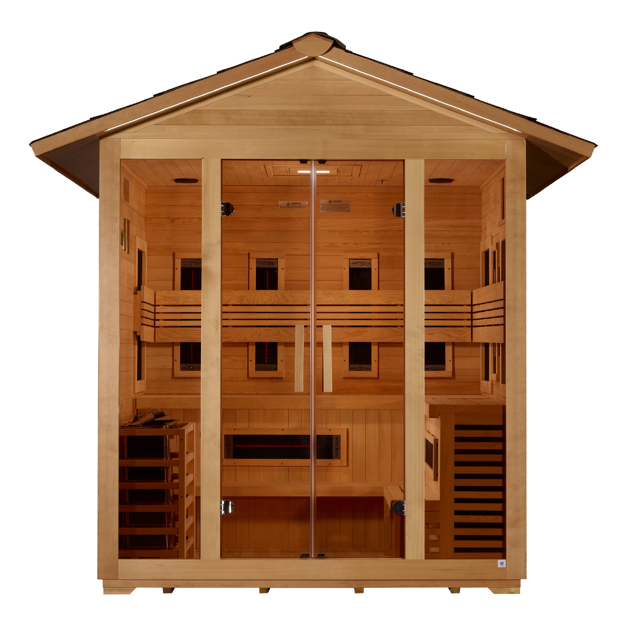 Golden Designs Gargellen 5 Person Hybrid Outdoor Sauna, PureTech™ Full Spectrum Infrared & Traditional Stove, Canadian Hemlock GDI-8125-01