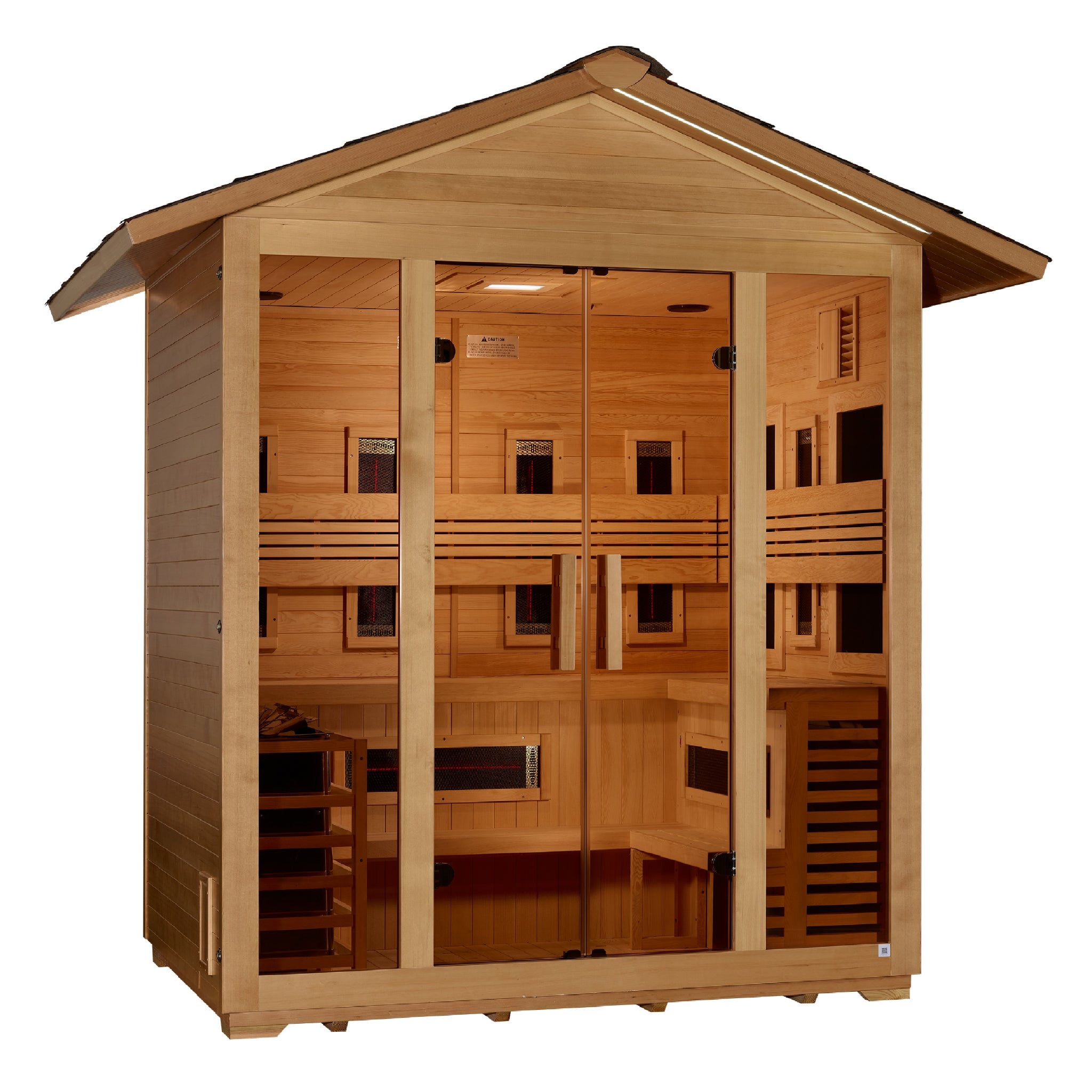 Golden Designs Gargellen 5 Person Hybrid Outdoor Sauna, PureTech™ Full Spectrum Infrared & Traditional Stove, Canadian Hemlock GDI-8125-01