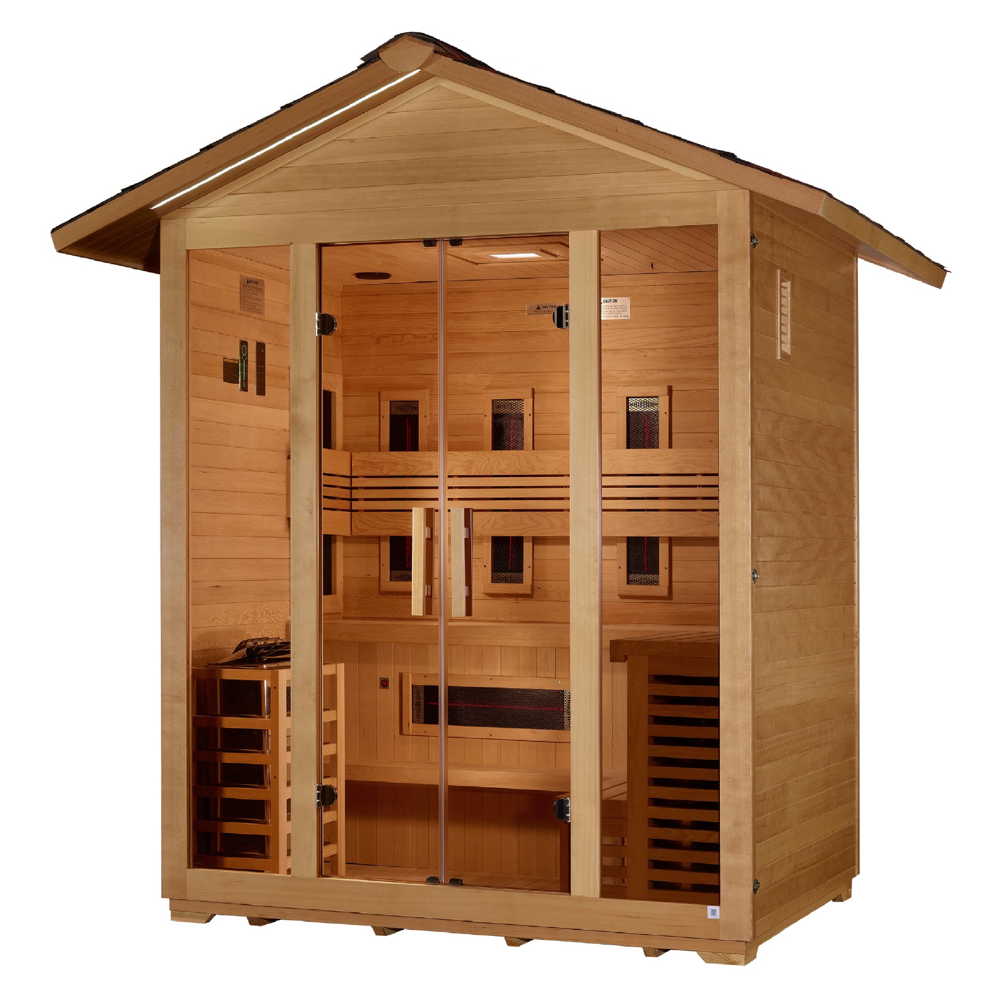 Golden Designs Gargellen 5 Person Hybrid Outdoor Sauna, PureTech™ Full Spectrum Infrared & Traditional Stove, Canadian Hemlock GDI-8125-01