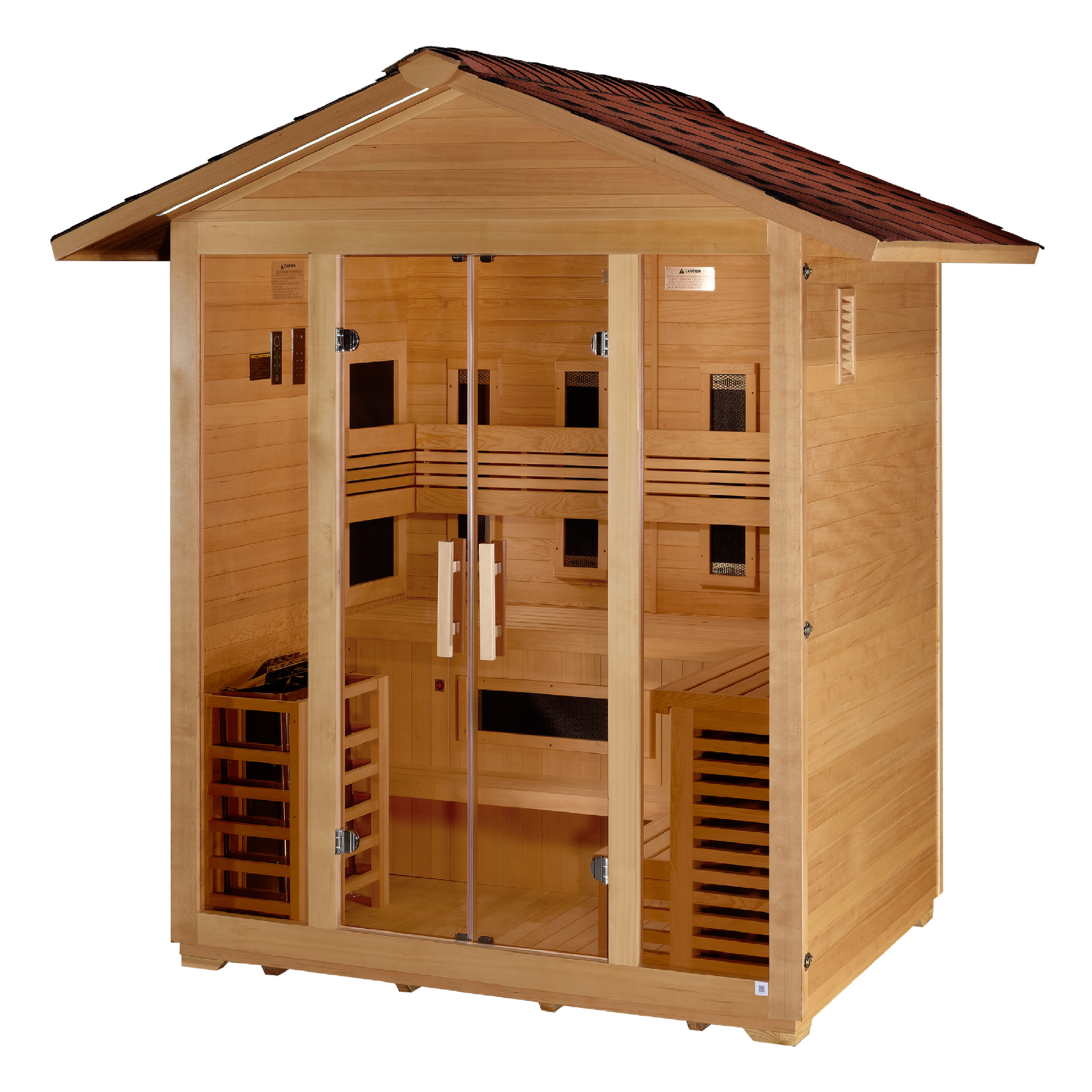 Golden Designs Gargellen 5 Person Hybrid Outdoor Sauna, PureTech™ Full Spectrum Infrared & Traditional Stove, Canadian Hemlock GDI-8125-01