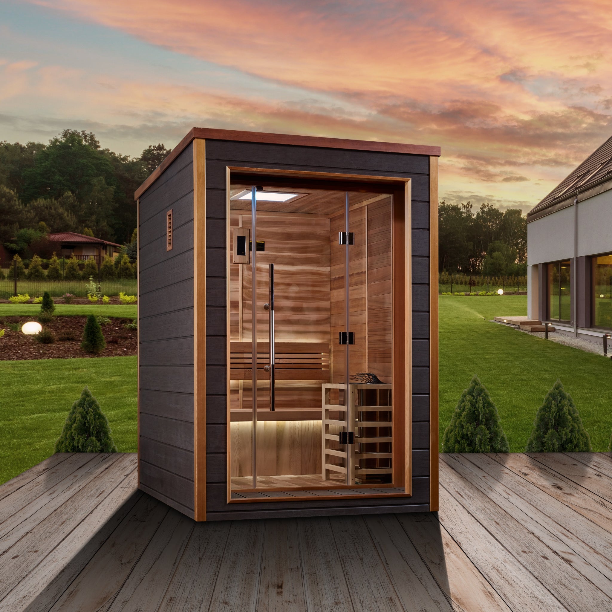 Golden Designs Narvik 2 Person Indoor-Outdoor Traditional Sauna, Canadian Red Cedar Interior, Espresso Finish, GDI-8202-01