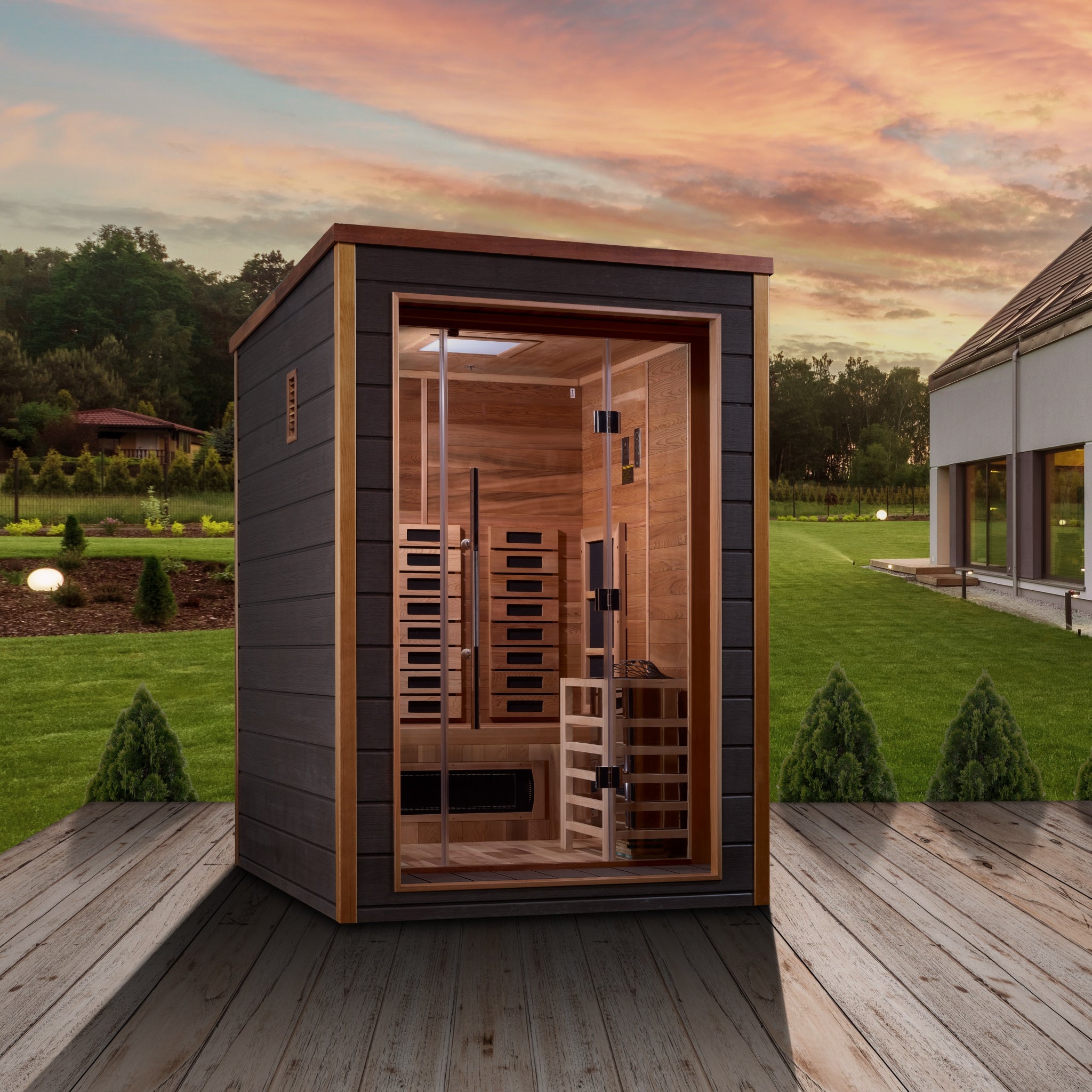 Golden Designs Nora 2 Person Hybrid Outdoor Sauna | PureTech™ Full Spectrum Infrared & Traditional Stove | Canadian Red Cedar Interior | GDI-8222-01