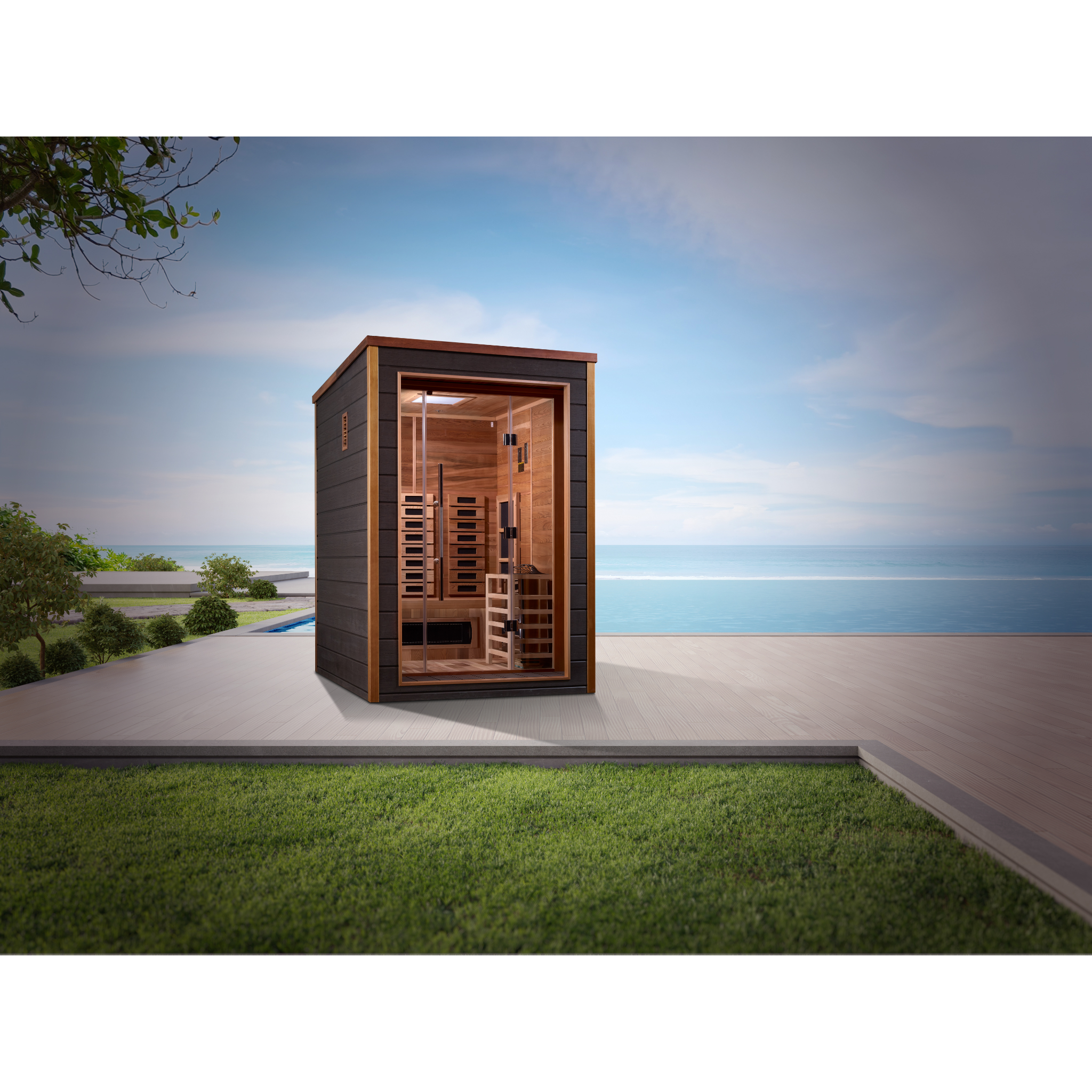 Golden Designs Nora 2 Person Hybrid Outdoor Sauna | PureTech™ Full Spectrum Infrared & Traditional Stove | Canadian Red Cedar Interior | GDI-8222-01