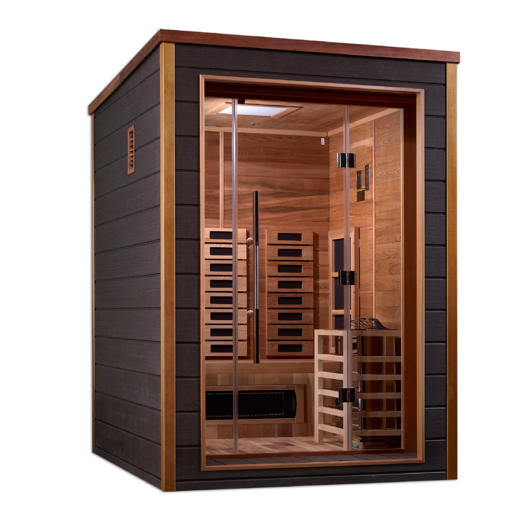Golden Designs Nora 2 Person Hybrid Outdoor Sauna | PureTech™ Full Spectrum Infrared & Traditional Stove | Canadian Red Cedar Interior | GDI-8222-01