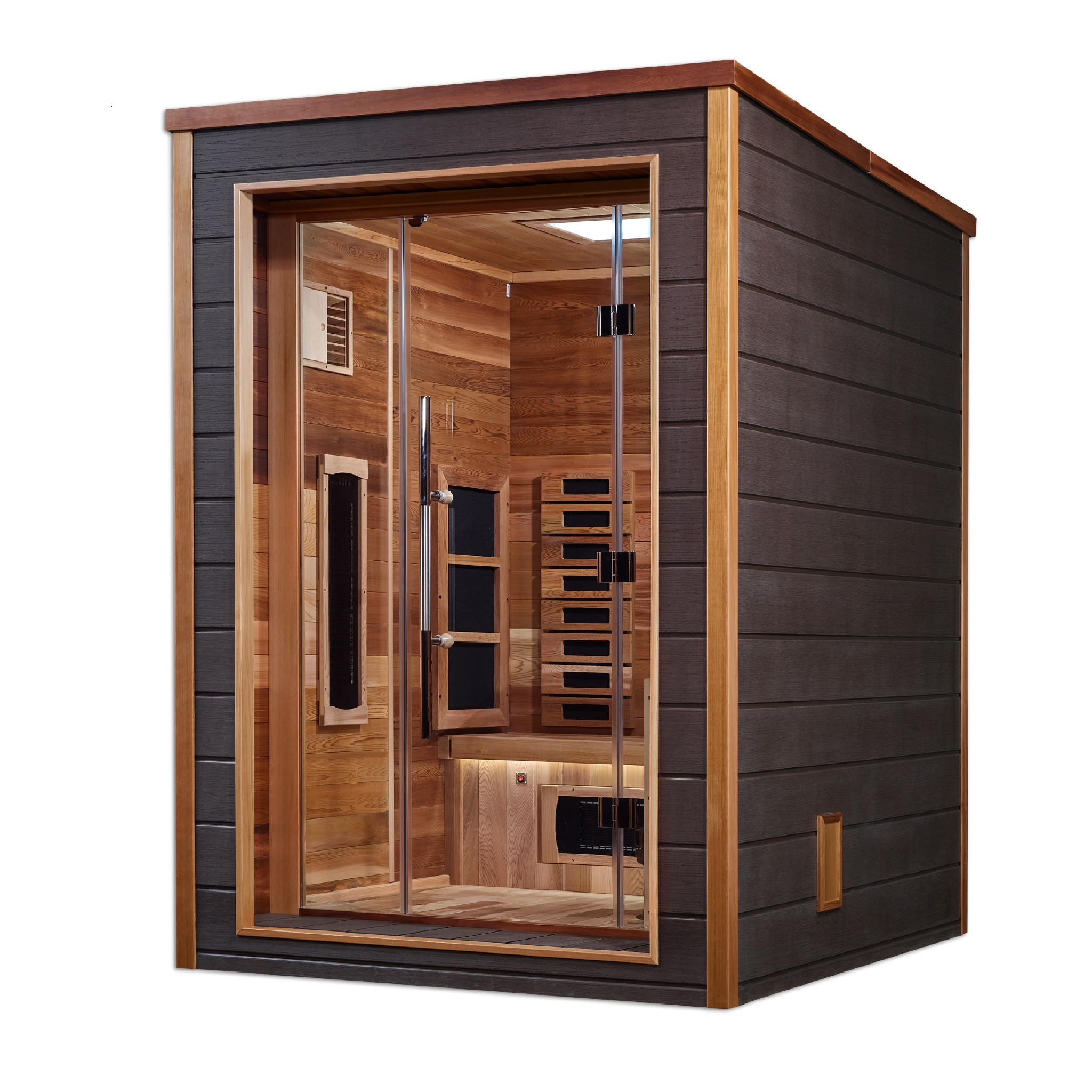 Golden Designs Nora 2 Person Hybrid Outdoor Sauna | PureTech™ Full Spectrum Infrared & Traditional Stove | Canadian Red Cedar Interior | GDI-8222-01