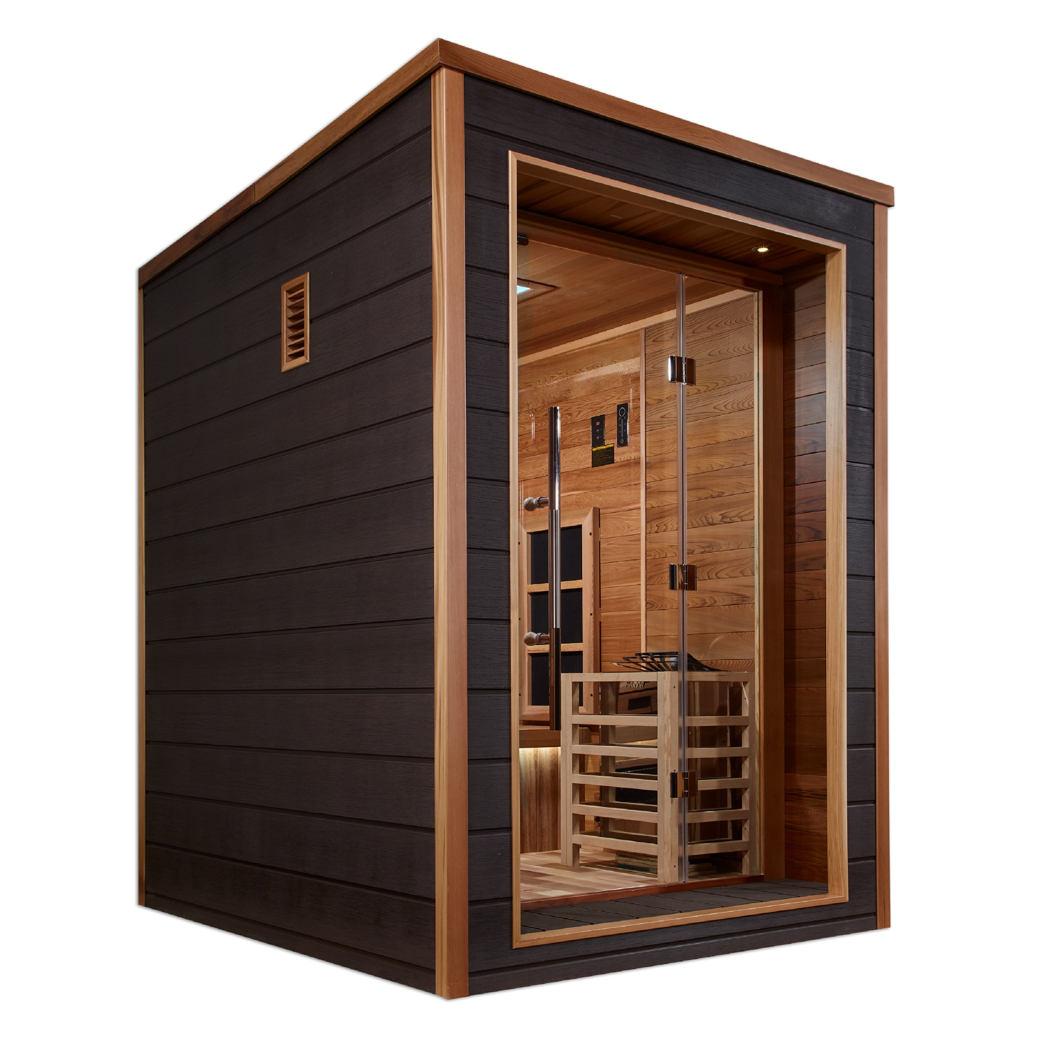 Golden Designs Nora 2 Person Hybrid Outdoor Sauna | PureTech™ Full Spectrum Infrared & Traditional Stove | Canadian Red Cedar Interior | GDI-8222-01