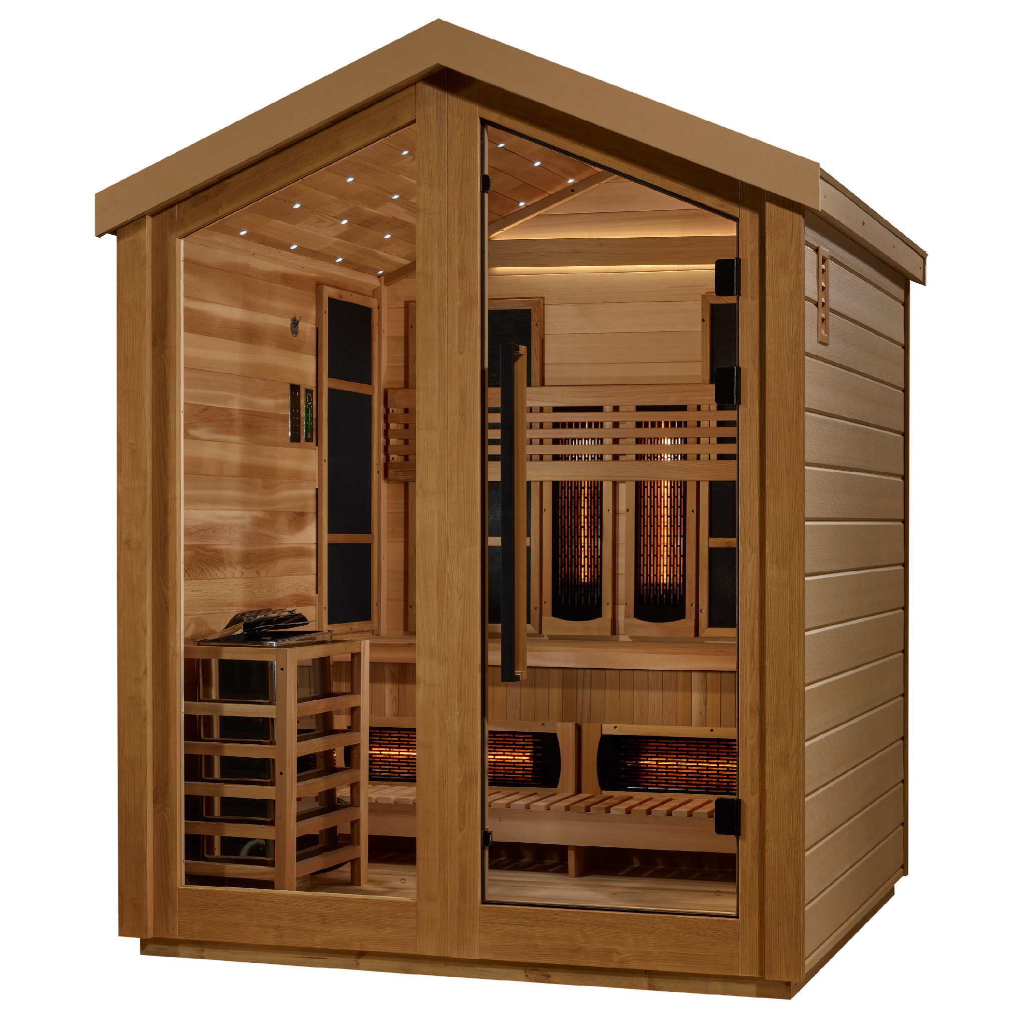Golden Designs Loviisa 3 Person Hybrid Outdoor Sauna | PureTech™ Full Spectrum Infrared & Traditional Stove | Near Zero EMF | Canadian Red Cedar Interior | SKU: GDI-8523-01