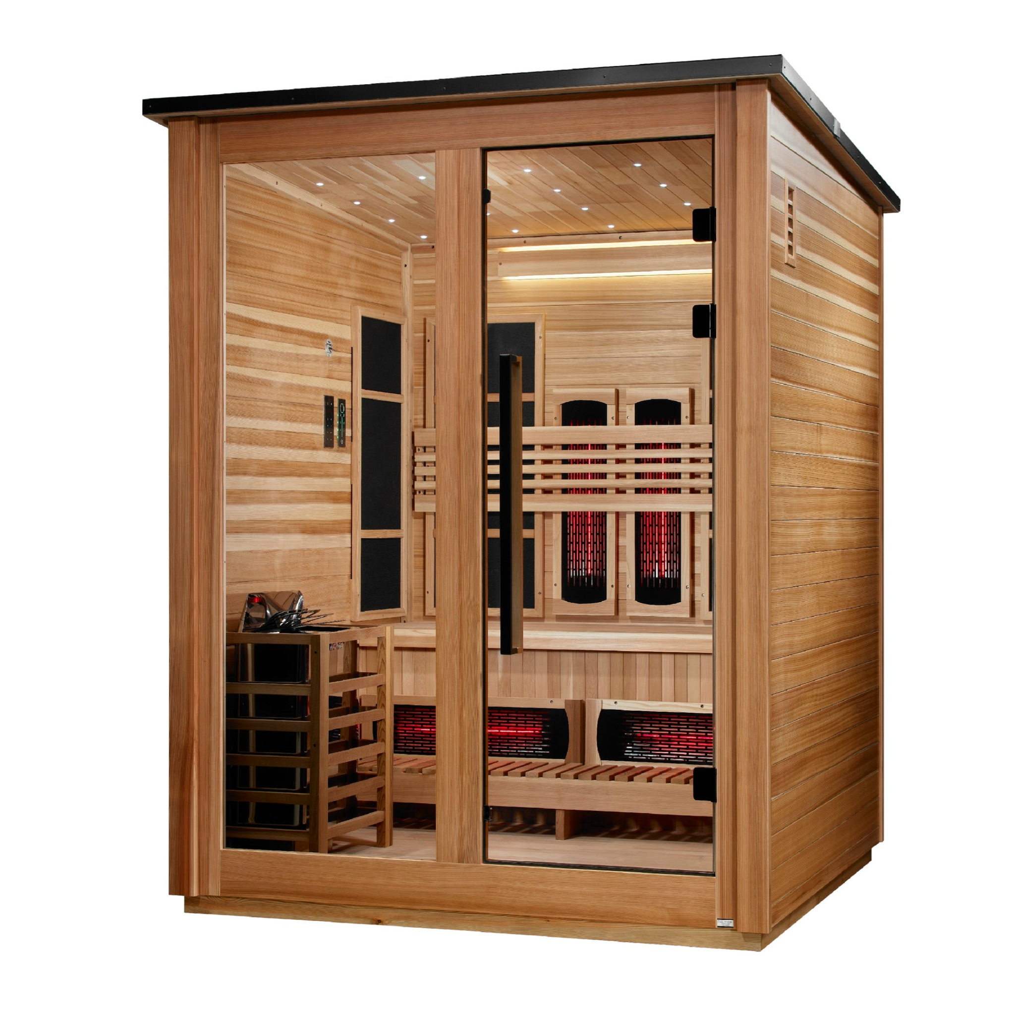 Golden Designs Loviisa 3 Person Hybrid Outdoor Sauna, PureTech™ Full Spectrum Infrared & Traditional Stove, Canadian Red Cedar Interior, Pacific Cedar Exterior, GDI-8523-02