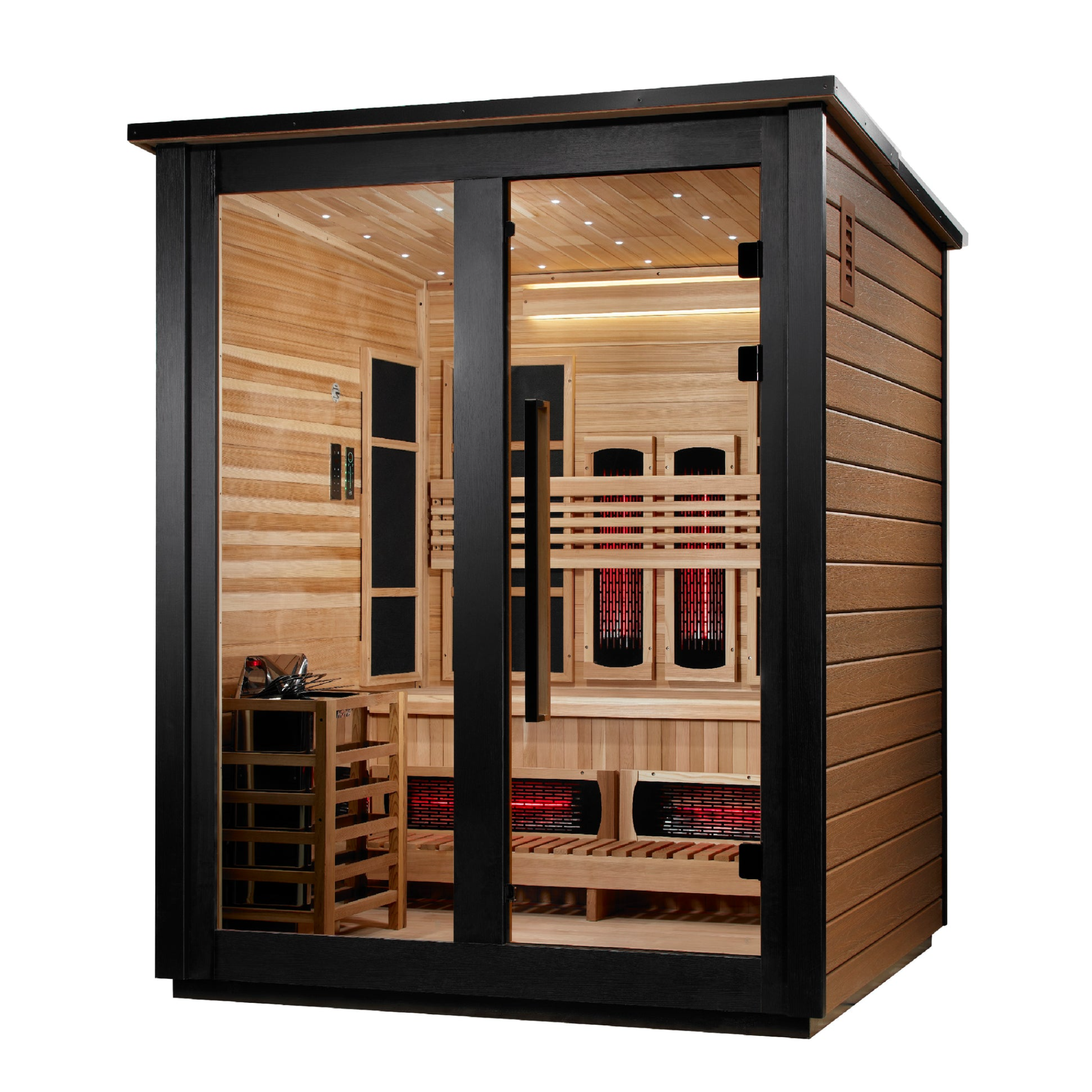 Golden Designs Loviisa 3 Person Hybrid Outdoor Sauna, PureTech™ Full Spectrum Infrared or Traditional Stove, Canadian Red Cedar Interior, 2 Tone Finish, GDI-8523-03