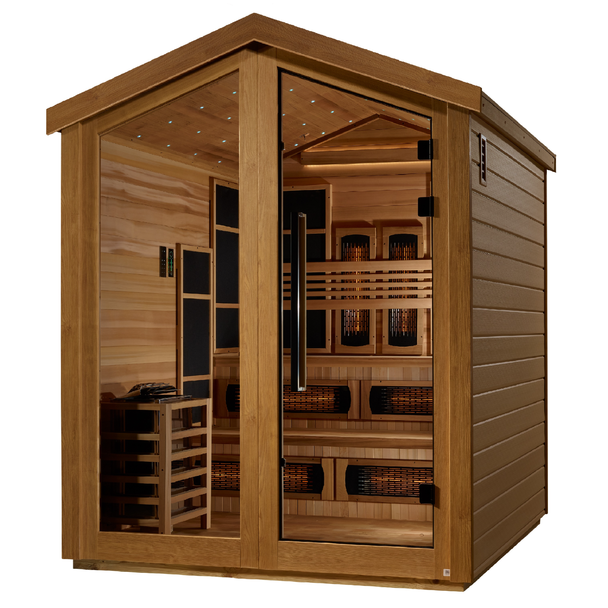 Golden Designs Kaskinen 6 Person Hybrid Outdoor Sauna | PureTech™ Full Spectrum Infrared & Traditional Stove | Near Zero EMF | Canadian Red Cedar Interior | GDI-8526-01