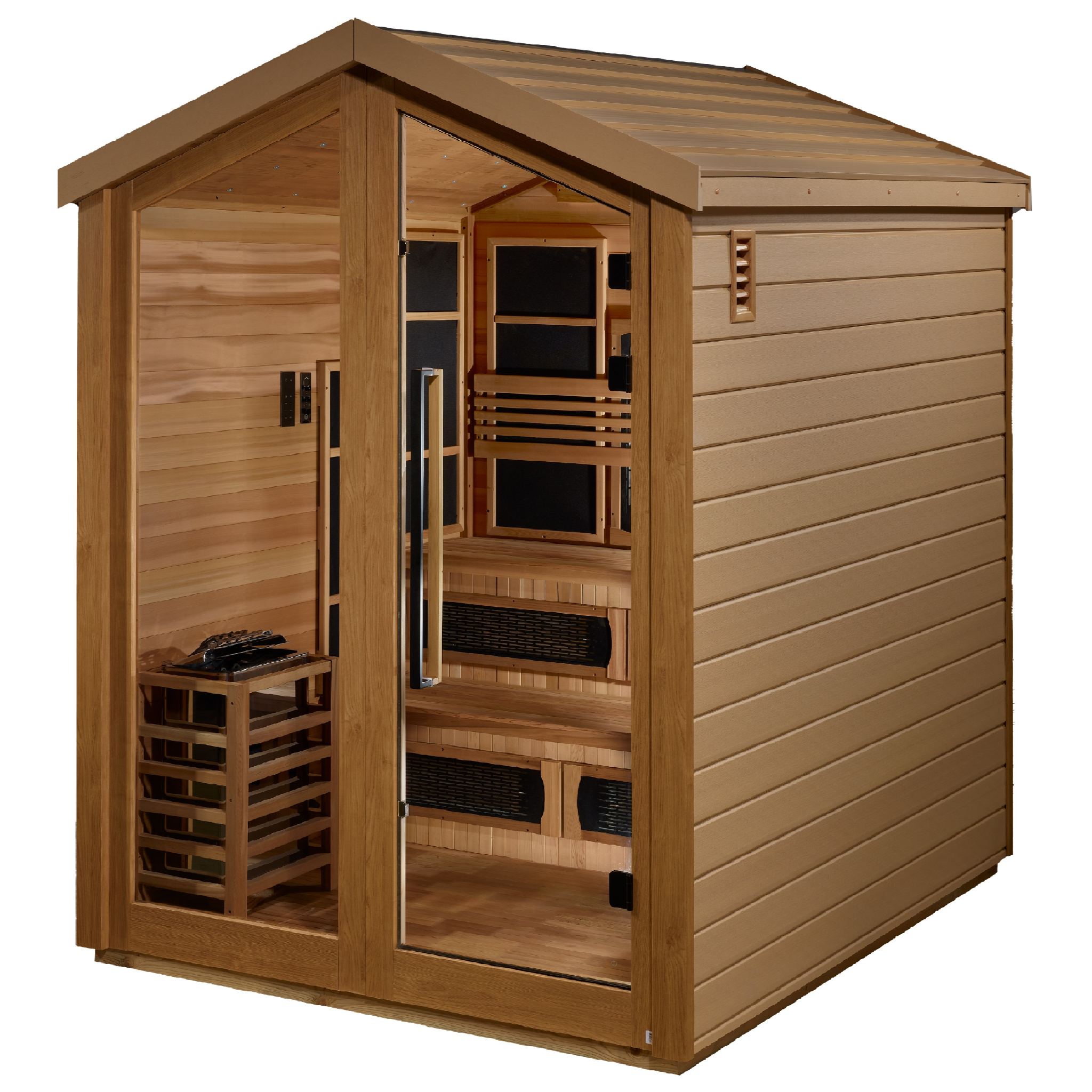 Golden Designs Kaskinen 6 Person Hybrid Outdoor Sauna | PureTech™ Full Spectrum Infrared & Traditional Stove | Near Zero EMF | Canadian Red Cedar Interior | GDI-8526-01