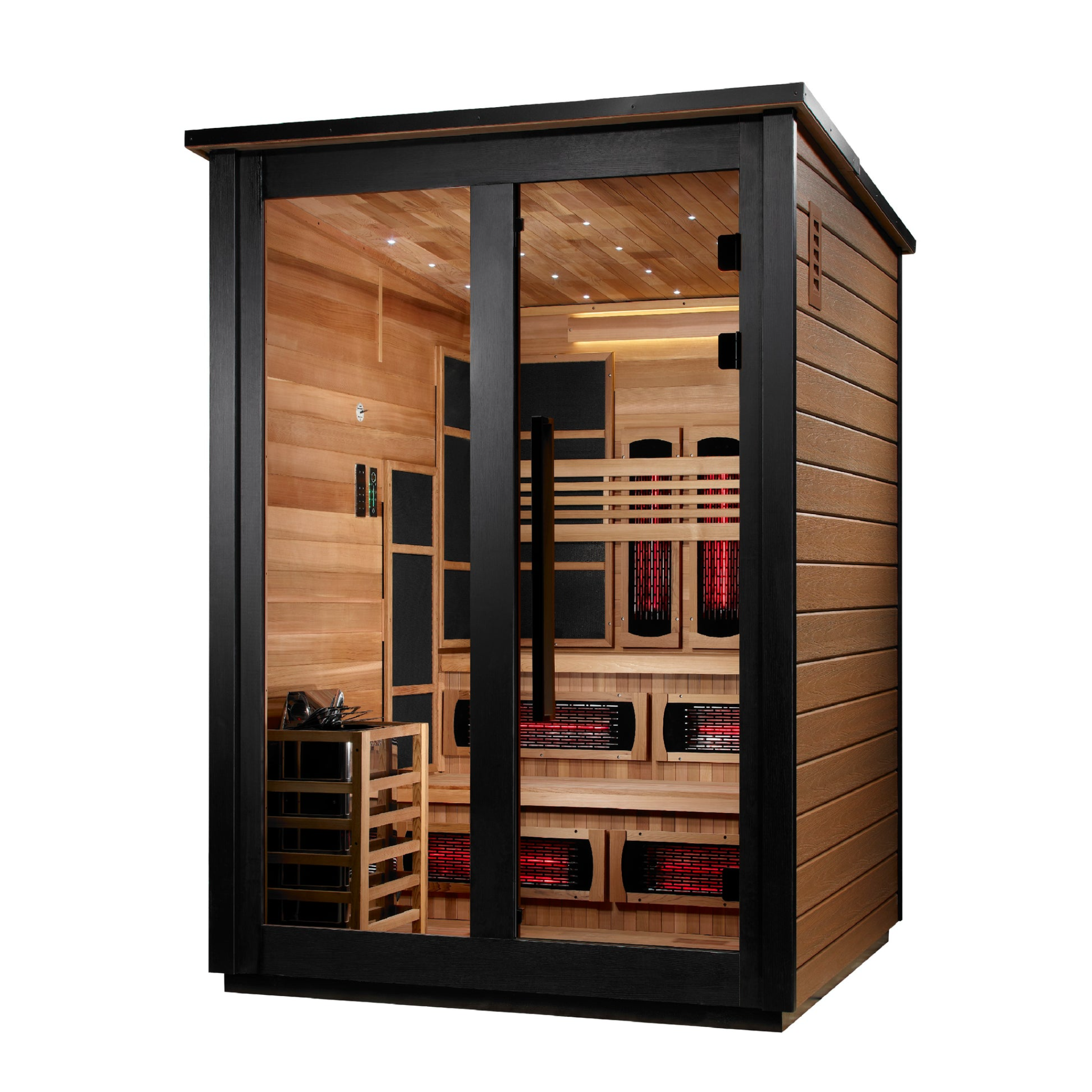 Golden Designs Kaskinen 6 Person Hybrid Outdoor Sauna, PureTech™ Full Spectrum Infrared or Traditional Stove, Canadian Red Cedar Interior, 2 Tone Finish, GDI-8526-03