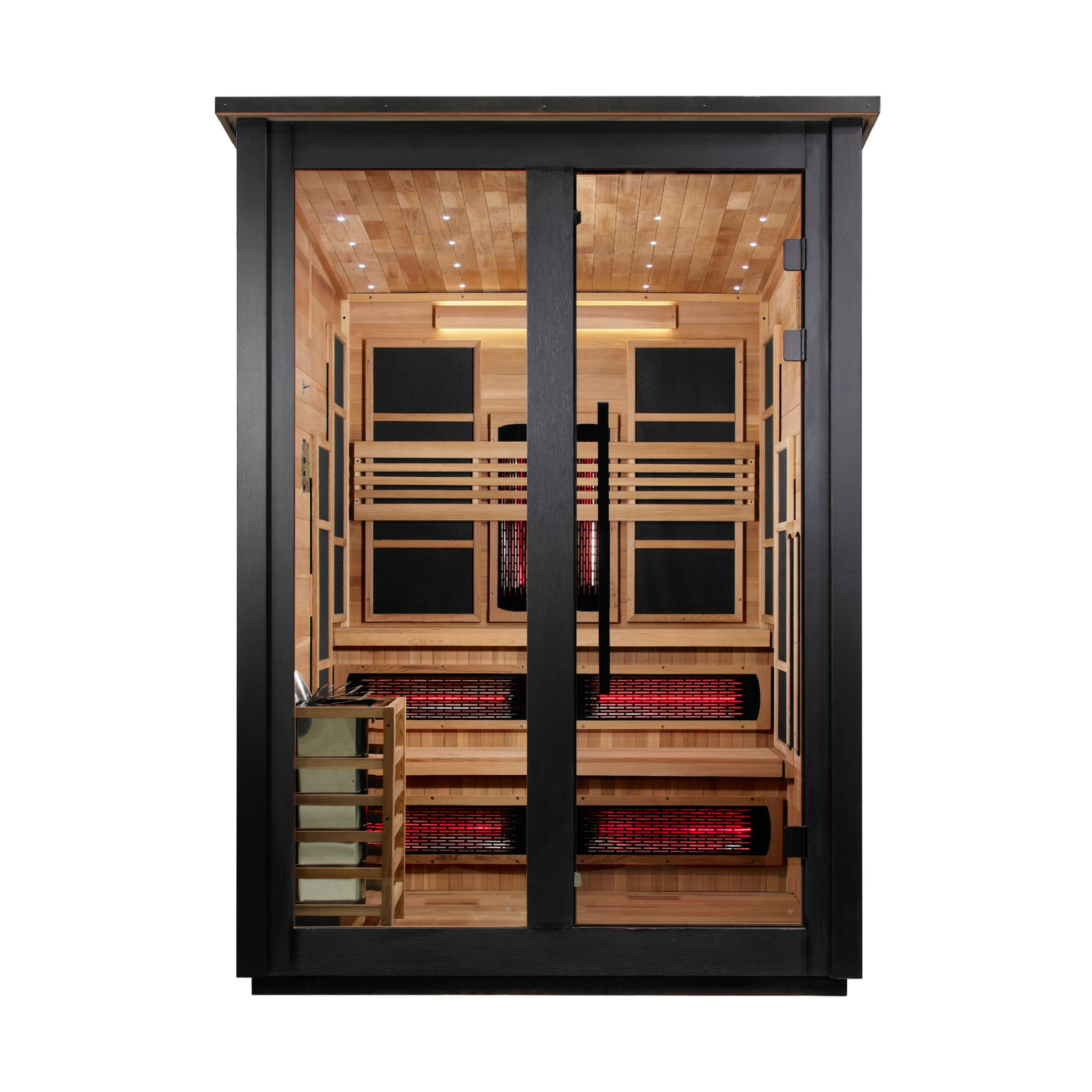 Golden Designs Kaskinen 6 Person Hybrid Outdoor Sauna, PureTech™ Full Spectrum Infrared or Traditional Stove, Canadian Red Cedar Interior, Black Finish, GDI-8526-04