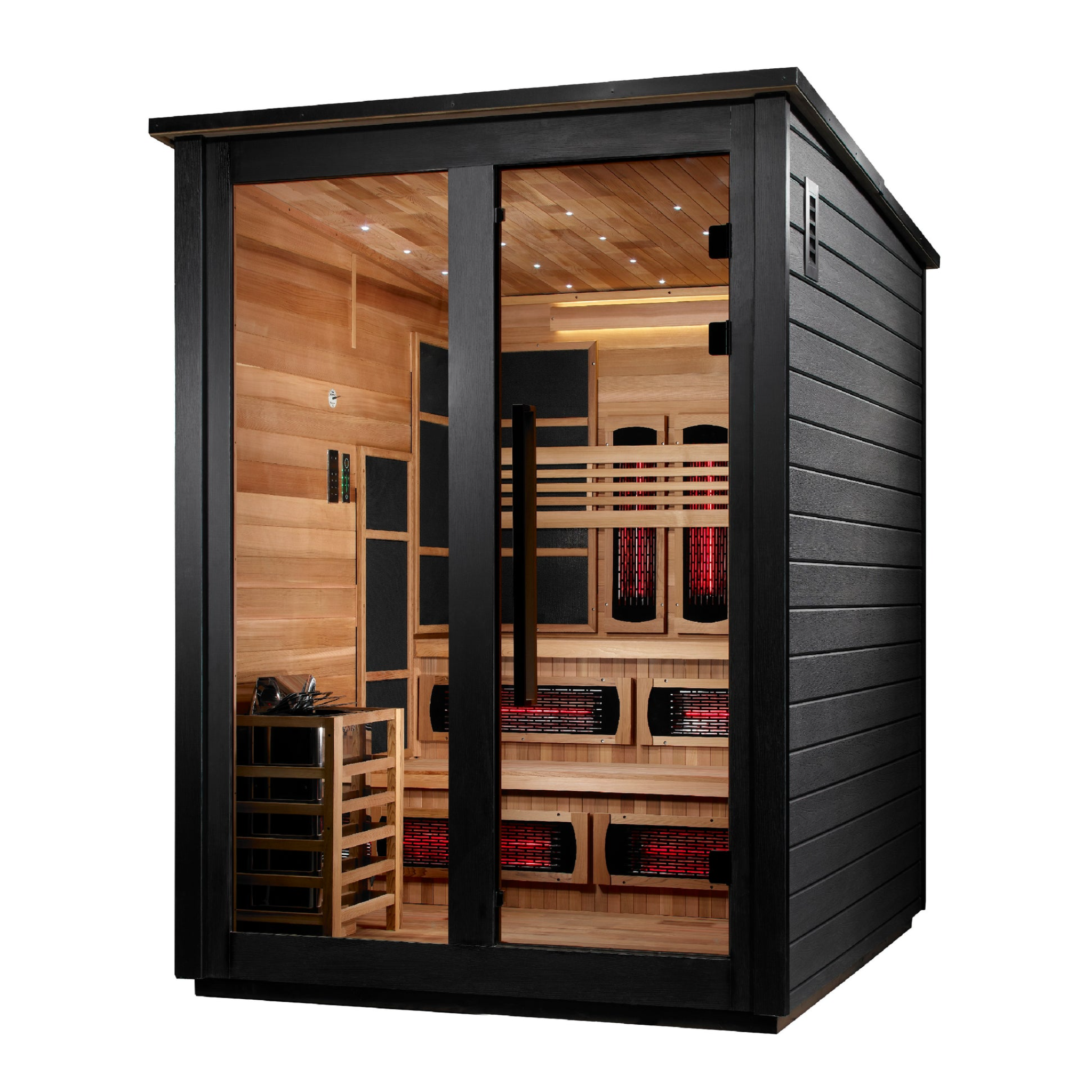 Golden Designs Kaskinen 6 Person Hybrid Outdoor Sauna, PureTech™ Full Spectrum Infrared or Traditional Stove, Canadian Red Cedar Interior, Black Finish, GDI-8526-04
