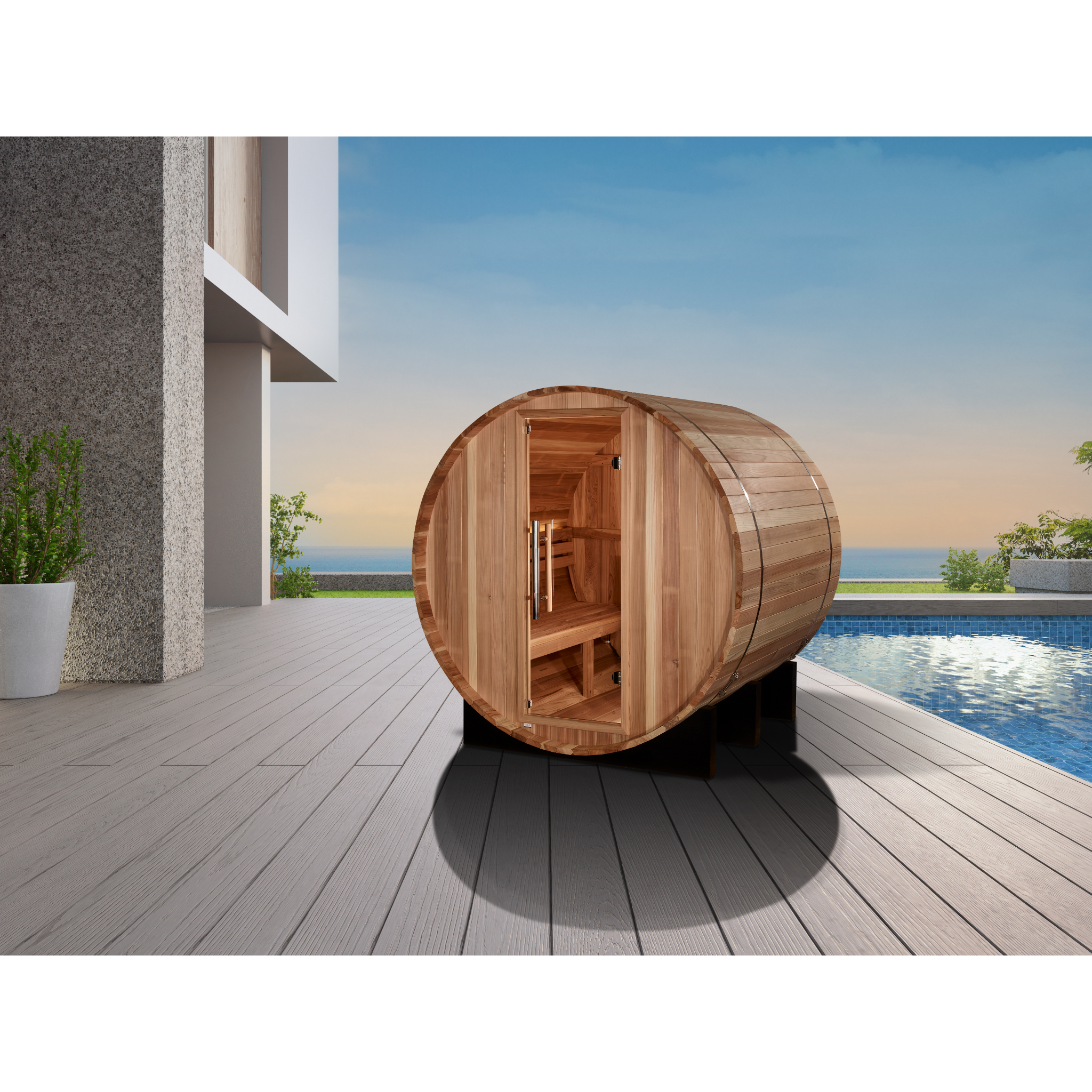 Golden Designs St. Moritz 2 Person Outdoor Barrel Traditional Sauna, Pacific Premium Cedar, Bronze Privacy Glass, GDI-B002-01
