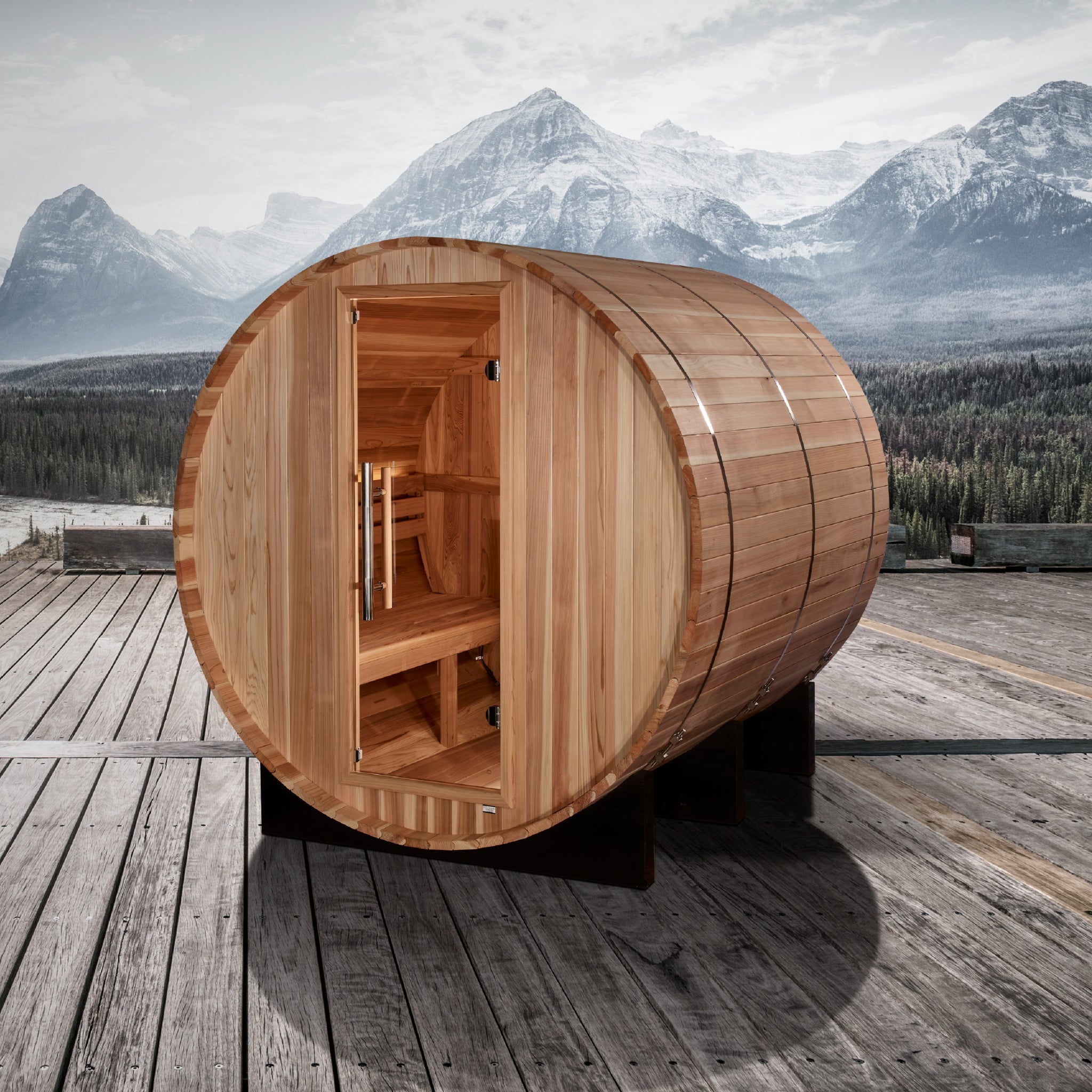 Golden Designs Arosa 4 Person Outdoor Barrel Traditional Sauna, Pacific Premium Cedar, Bronze Privacy Glass, GDI-B004-01