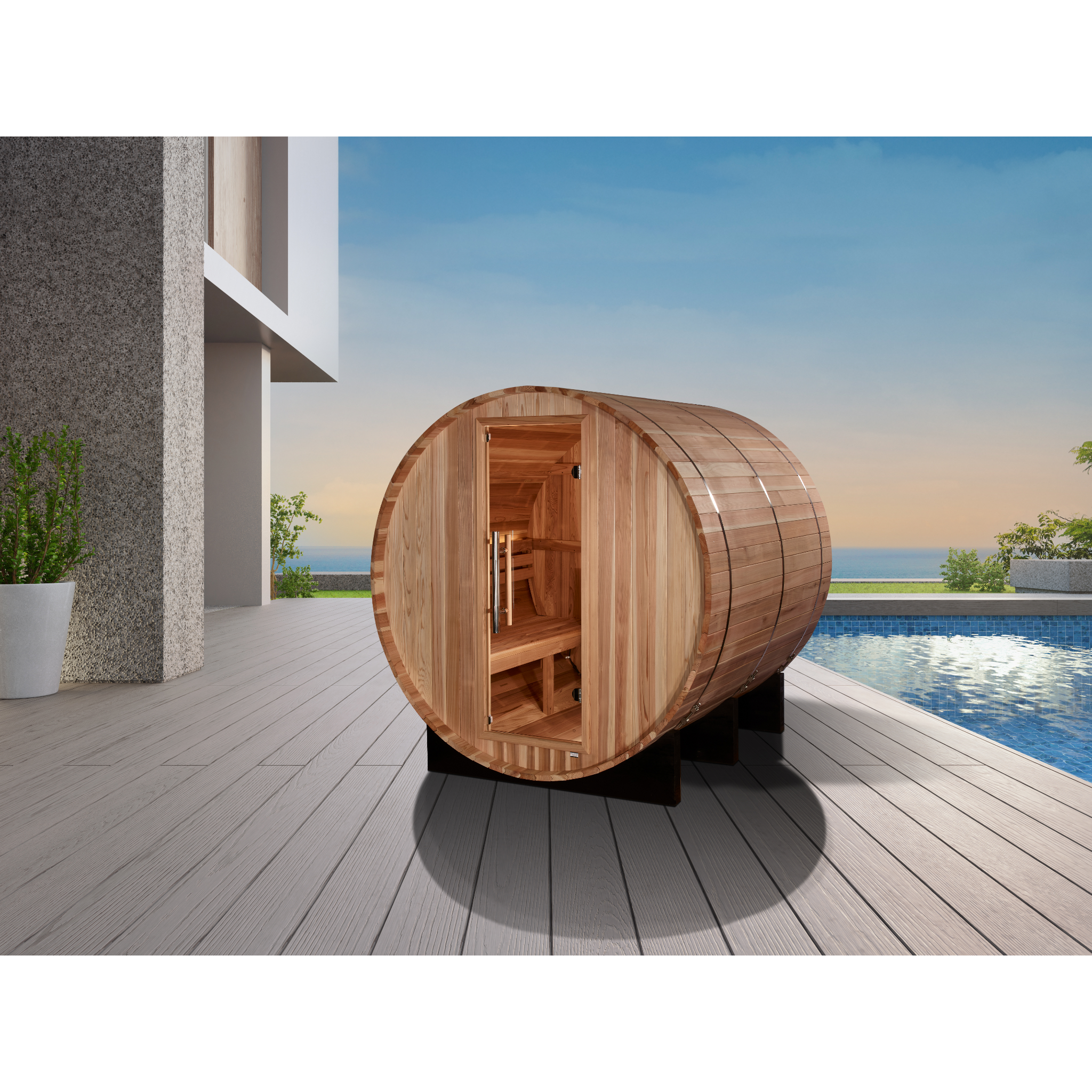Golden Designs Arosa 4 Person Outdoor Barrel Traditional Sauna, Pacific Premium Cedar, Bronze Privacy Glass, GDI-B004-01