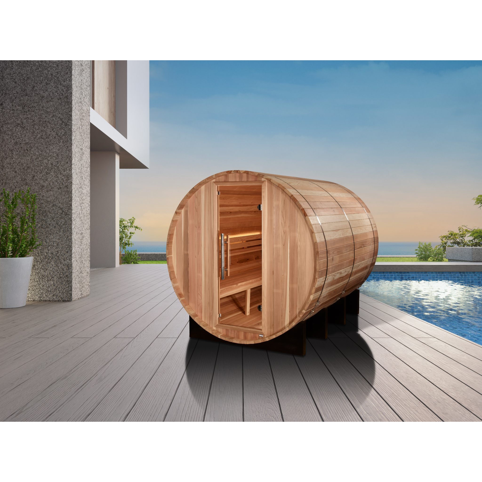 Golden Designs Klosters 6 Person Outdoor Barrel Traditional Sauna, Pacific Premium Cedar, Bronze Privacy Glass, GDI-B006-01