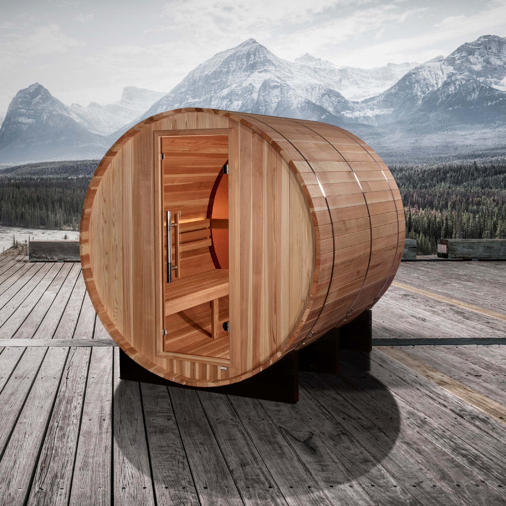 Golden Designs Zurich 4 Person Outdoor Barrel Traditional Sauna with Bronze Privacy View, Pacific Premium Cedar, GDI-B024-01