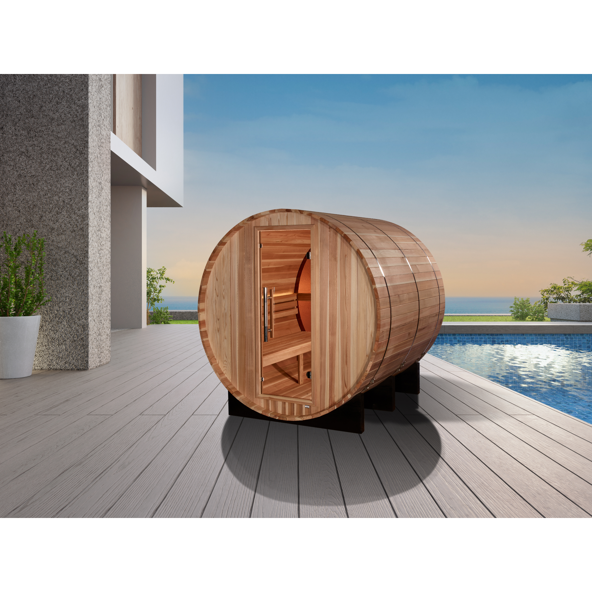 Golden Designs Zurich 4 Person Outdoor Barrel Traditional Sauna with Bronze Privacy View, Pacific Premium Cedar, GDI-B024-01