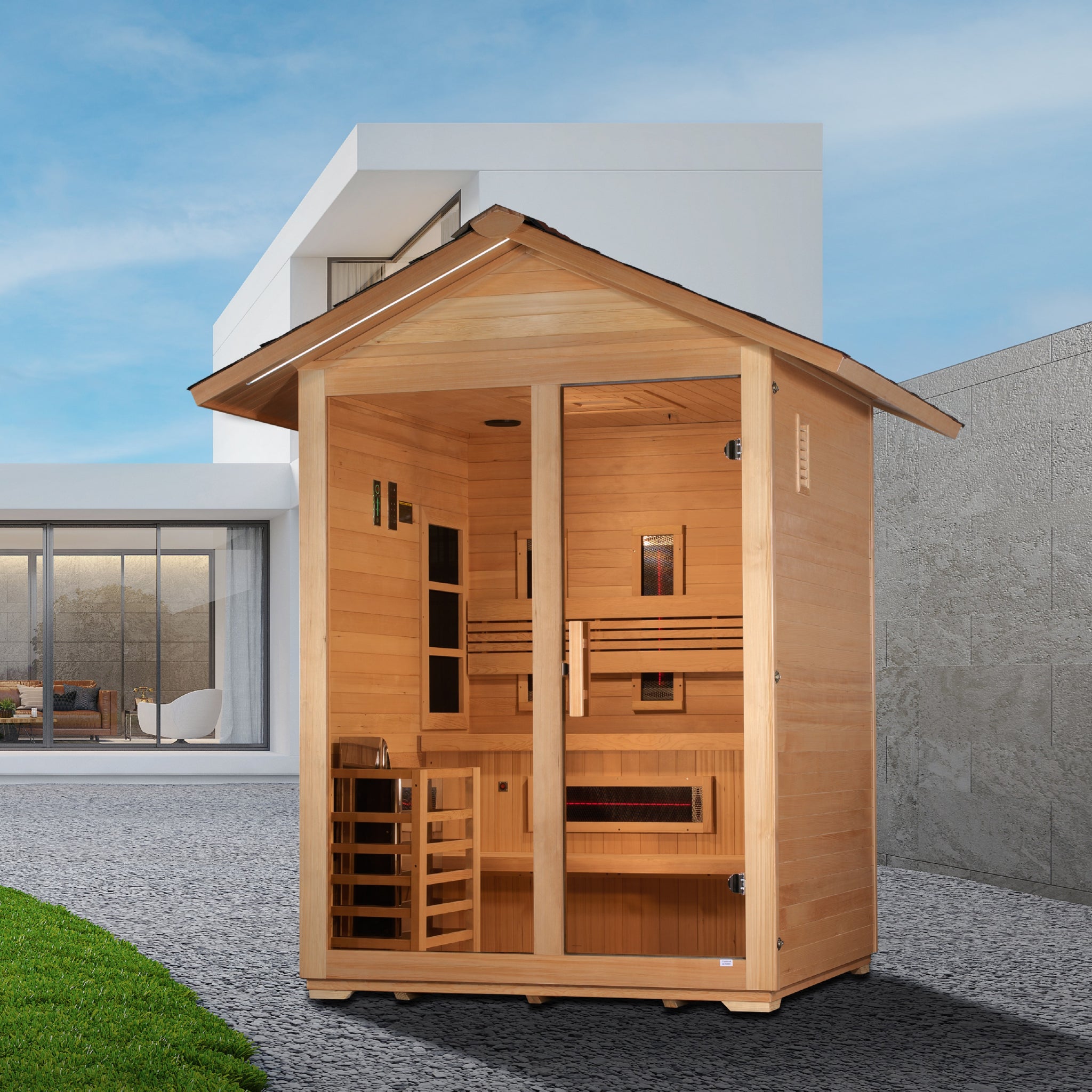 Golden Designs Carinthia 3 Person Hybrid Outdoor Sauna, PureTech™ Full Spectrum Infrared & Traditional Stove, Canadian Hemlock GDI-8123-01