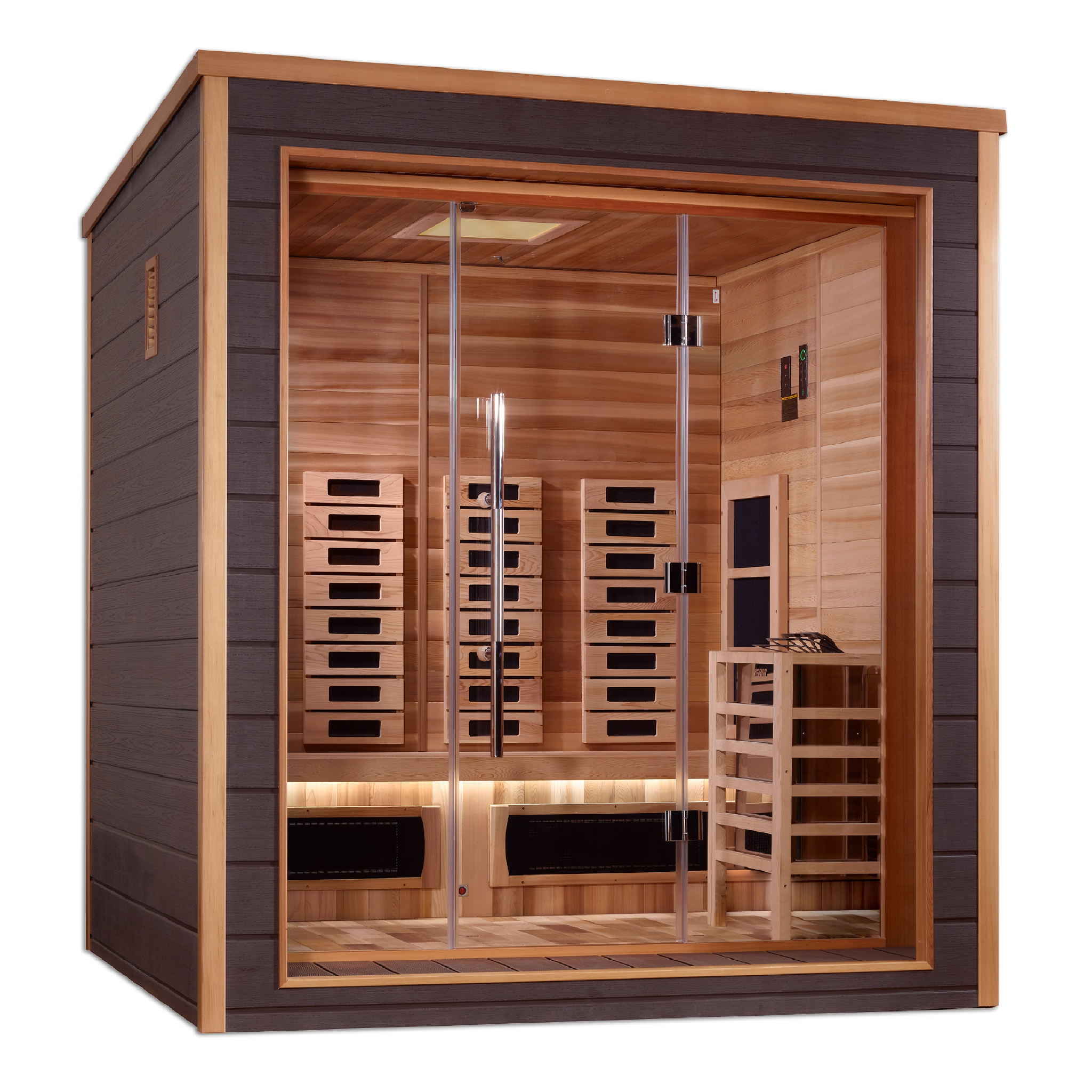 Golden Designs Visby 3 Person Hybrid Outdoor Sauna | PureTech™ Full Spectrum Infrared & Traditional Stove | Canadian Red Cedar Interior | GDI-8223-01