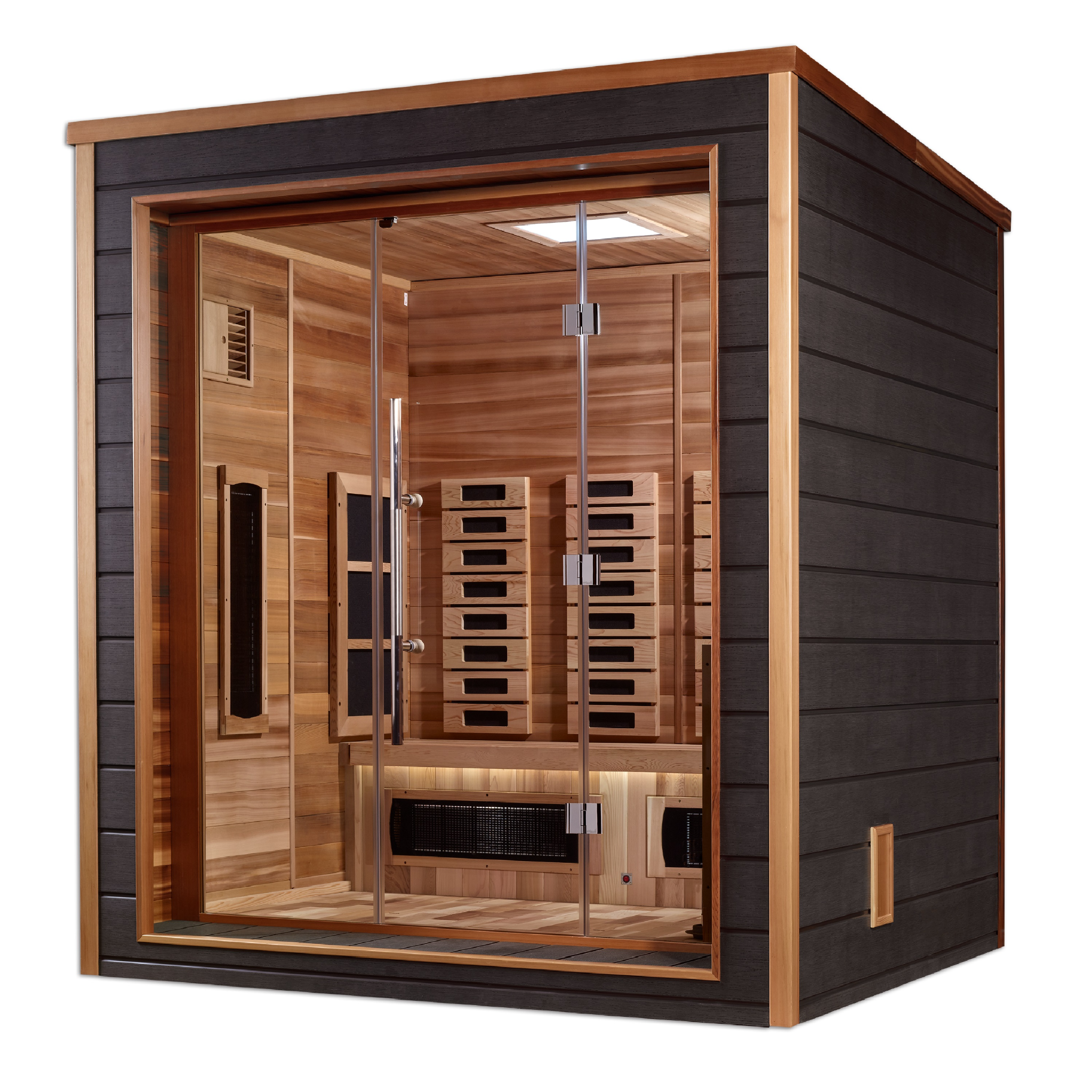 Golden Designs Visby 3 Person Hybrid Outdoor Sauna | PureTech™ Full Spectrum Infrared & Traditional Stove | Canadian Red Cedar Interior | GDI-8223-01