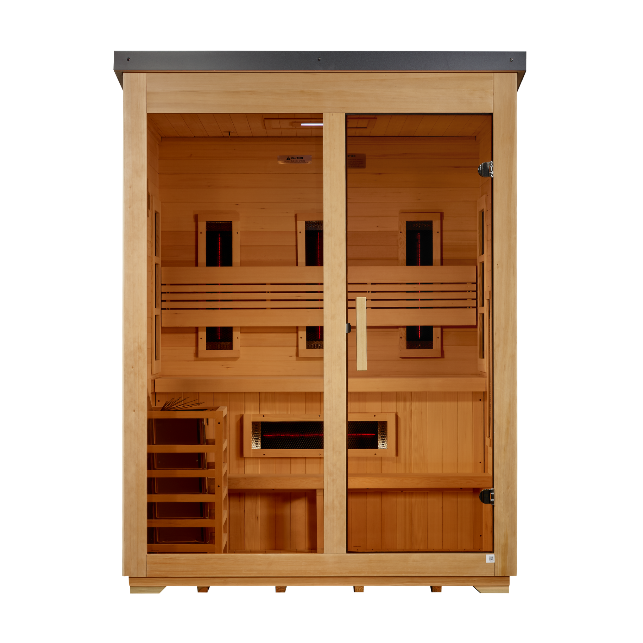 Golden Designs Carinthia 3 Person Hybrid Indoor-Outdoor Sauna, PureTech™ Full Spectrum Infrared & Traditional Stove, Canadian Hemlock, Flat Roof, GDI-8023-01