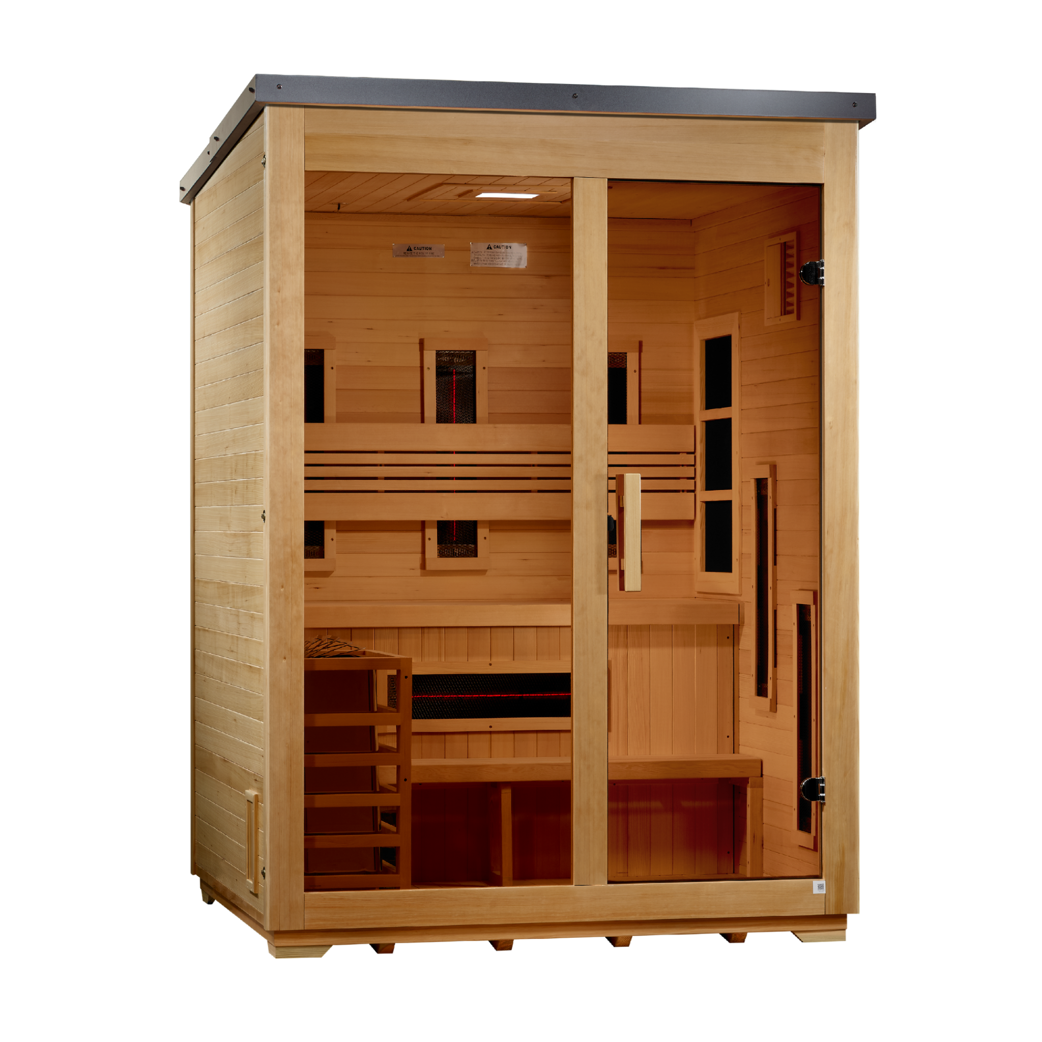 Golden Designs Carinthia 3 Person Hybrid Indoor-Outdoor Sauna, PureTech™ Full Spectrum Infrared & Traditional Stove, Canadian Hemlock, Flat Roof, GDI-8023-01