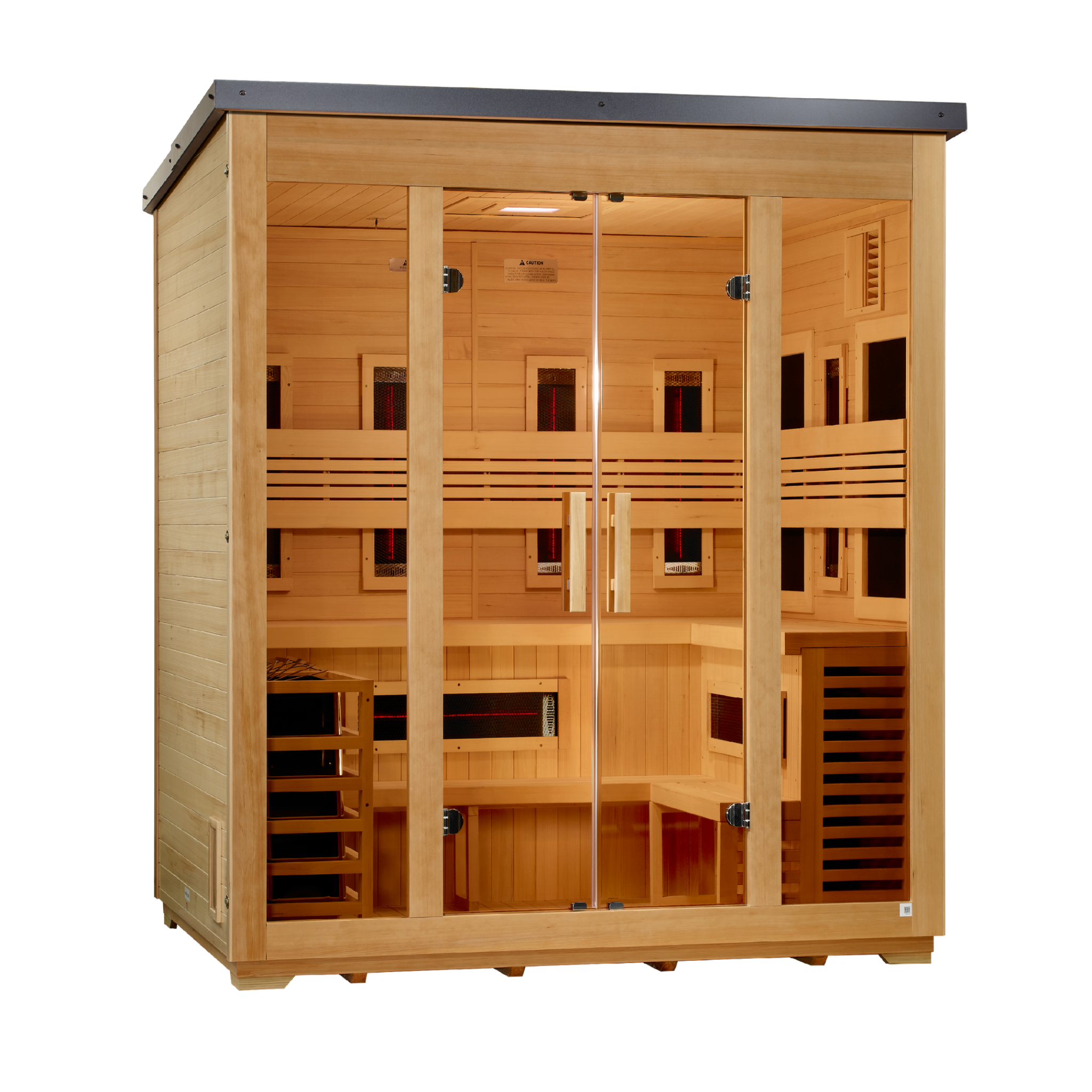 Golden Designs Gargellen 5 Person Hybrid Indoor-Outdoor Sauna, PureTech™ Full Spectrum Infrared & Traditional Stove, Canadian Hemlock, Flat Roof, GDI-8025-01
