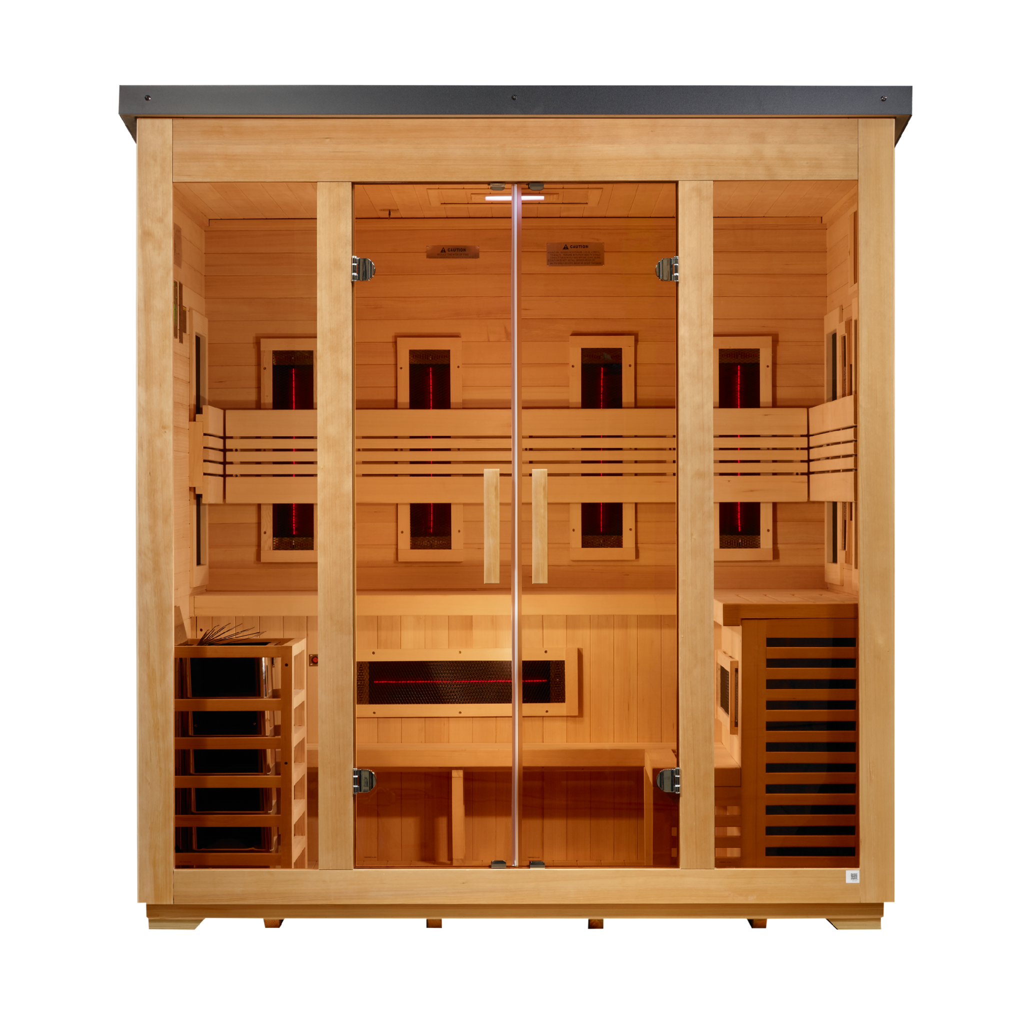 Golden Designs Gargellen 5 Person Hybrid Indoor-Outdoor Sauna, PureTech™ Full Spectrum Infrared & Traditional Stove, Canadian Hemlock, Flat Roof, GDI-8025-01