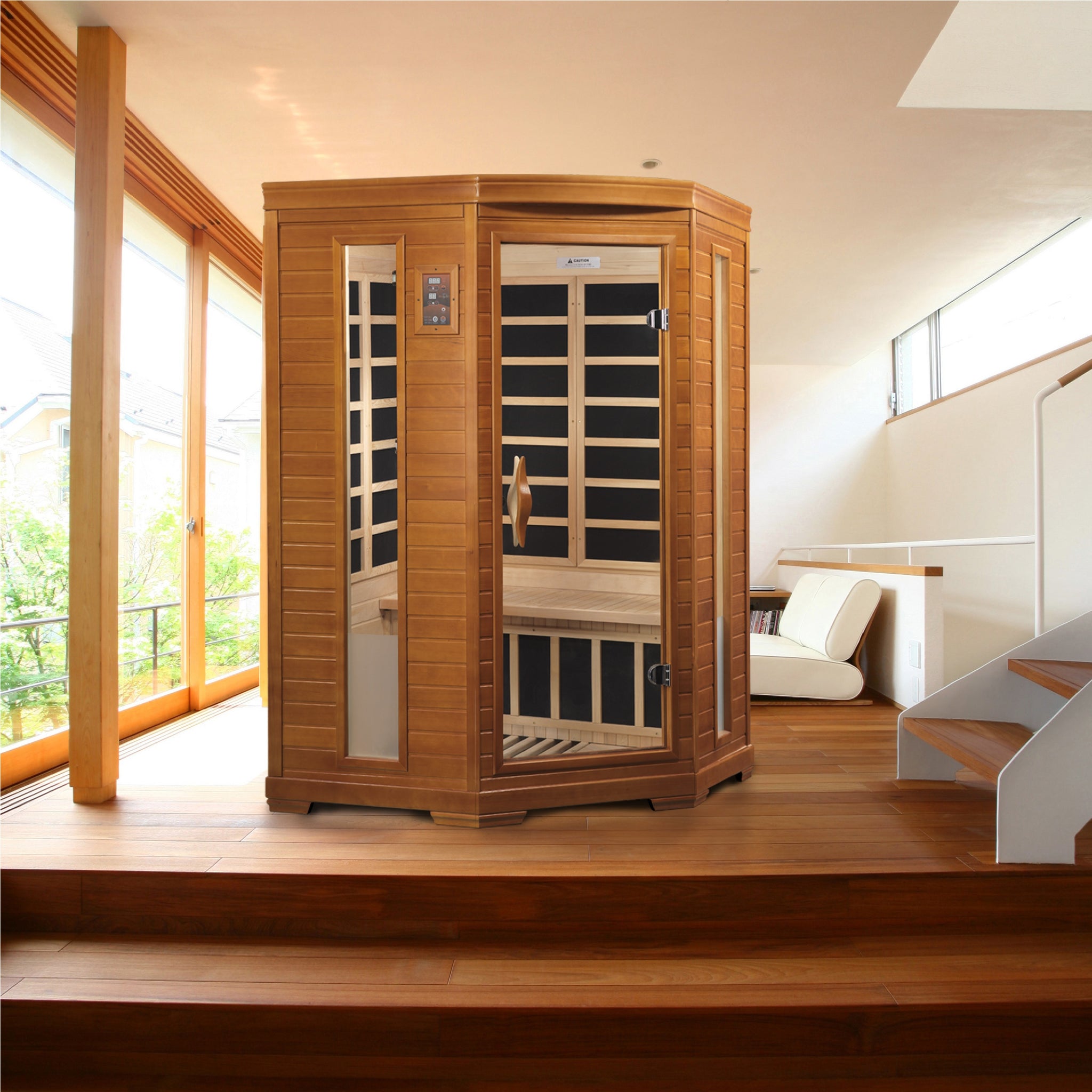 Dynamic Heming Elite 2 Person Corner Ultra Low EMF Infrared Sauna (3–5MG) with Chromotherapy & Bluetooth – Canadian Hemlock – DYN-6225-02 Elite