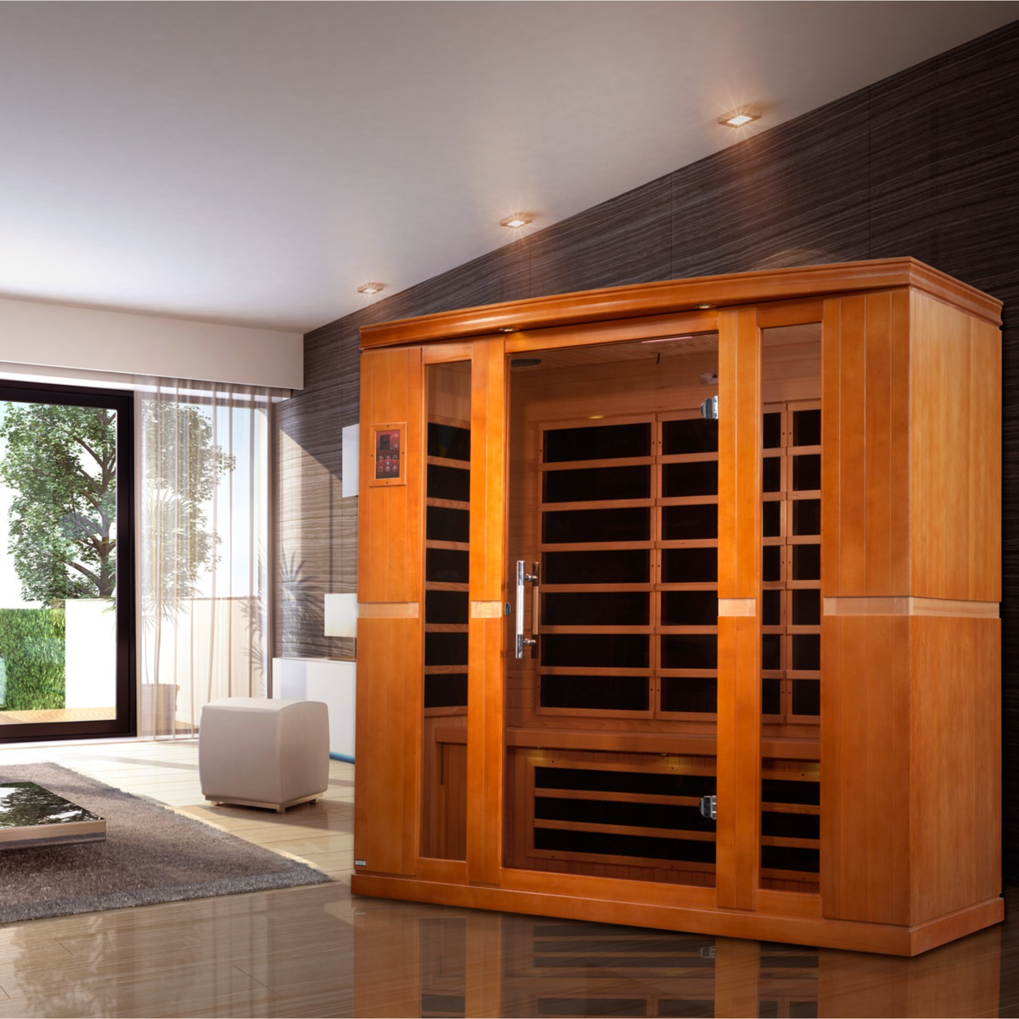 Dynamic Bergamo Elite 4 Person Ultra Low EMF Infrared Sauna (3–5MG) with Floor Heaters, Chromotherapy & Bluetooth – DYN-6440-01 Elite
