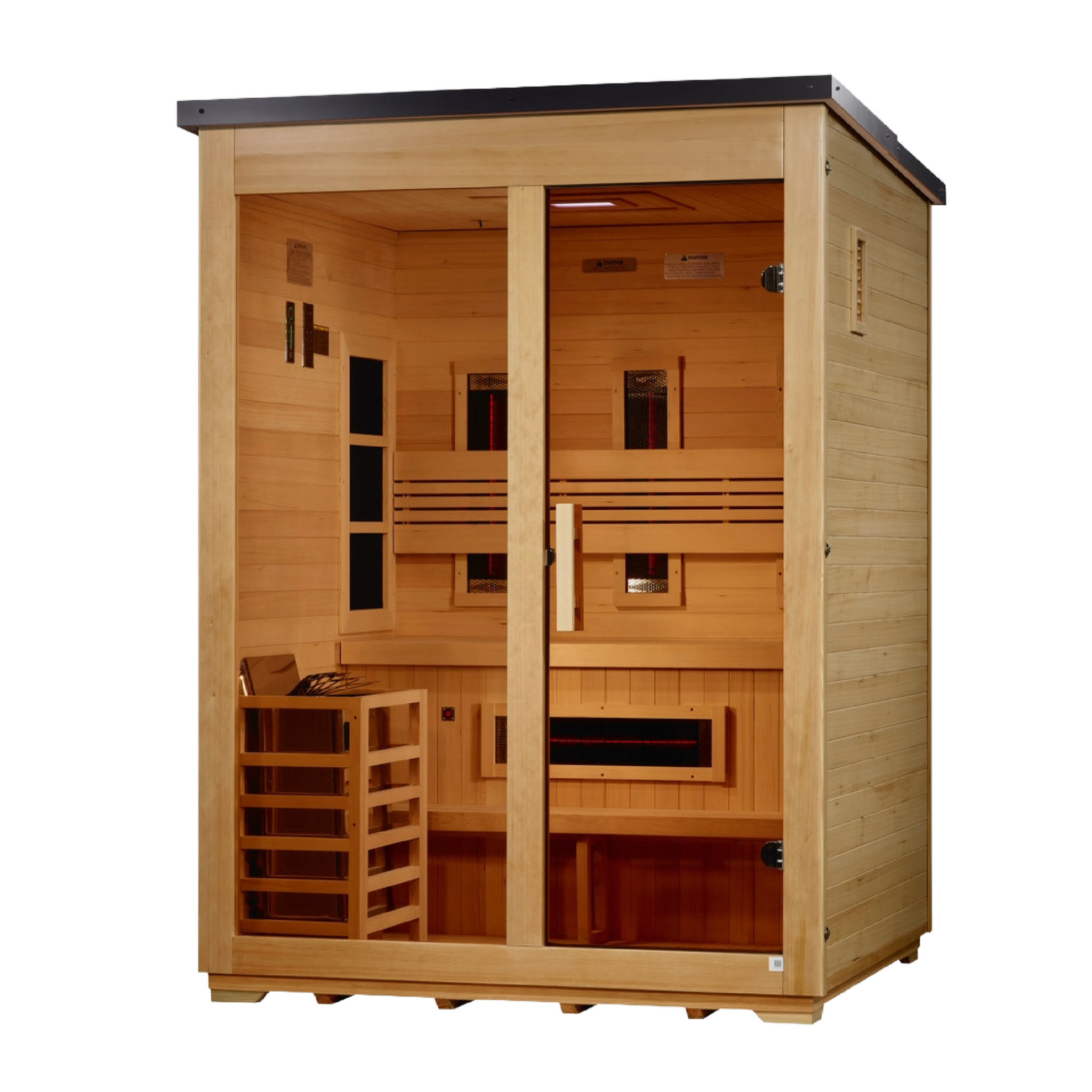 Golden Designs Carinthia 3 Person Hybrid Indoor-Outdoor Sauna, PureTech™ Full Spectrum Infrared & Traditional Stove, Canadian Hemlock, Flat Roof, GDI-8023-01