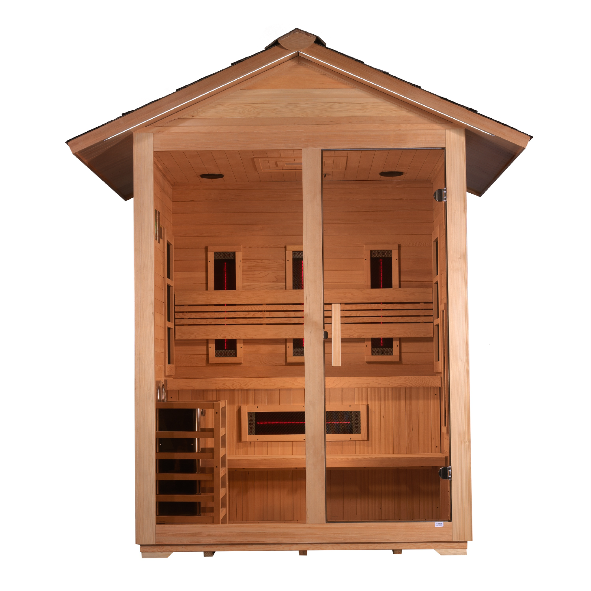Golden Designs Carinthia 3 Person Hybrid Outdoor Sauna, PureTech™ Full Spectrum Infrared & Traditional Stove, Canadian Hemlock GDI-8123-01
