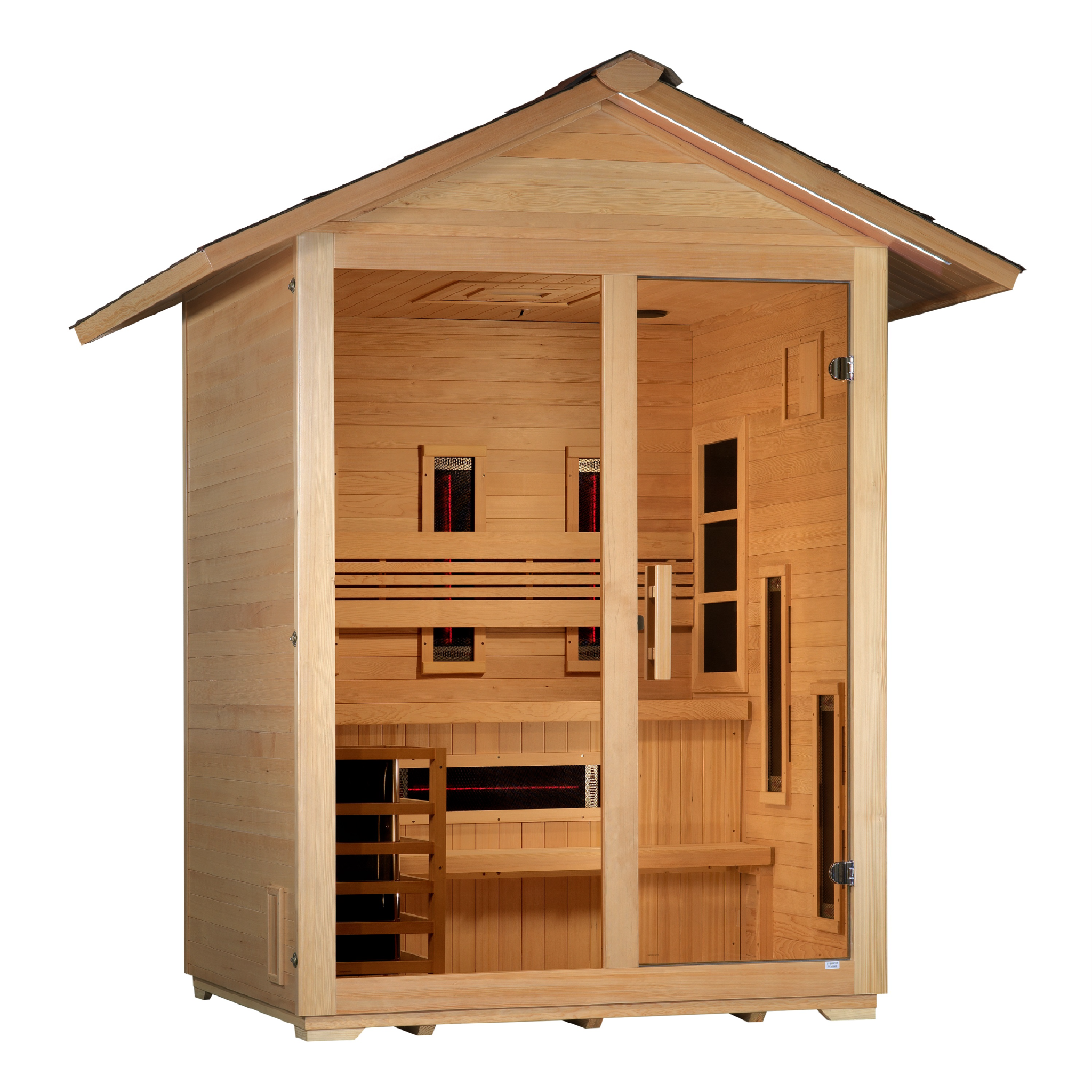 Golden Designs Carinthia 3 Person Hybrid Outdoor Sauna, PureTech™ Full Spectrum Infrared & Traditional Stove, Canadian Hemlock GDI-8123-01