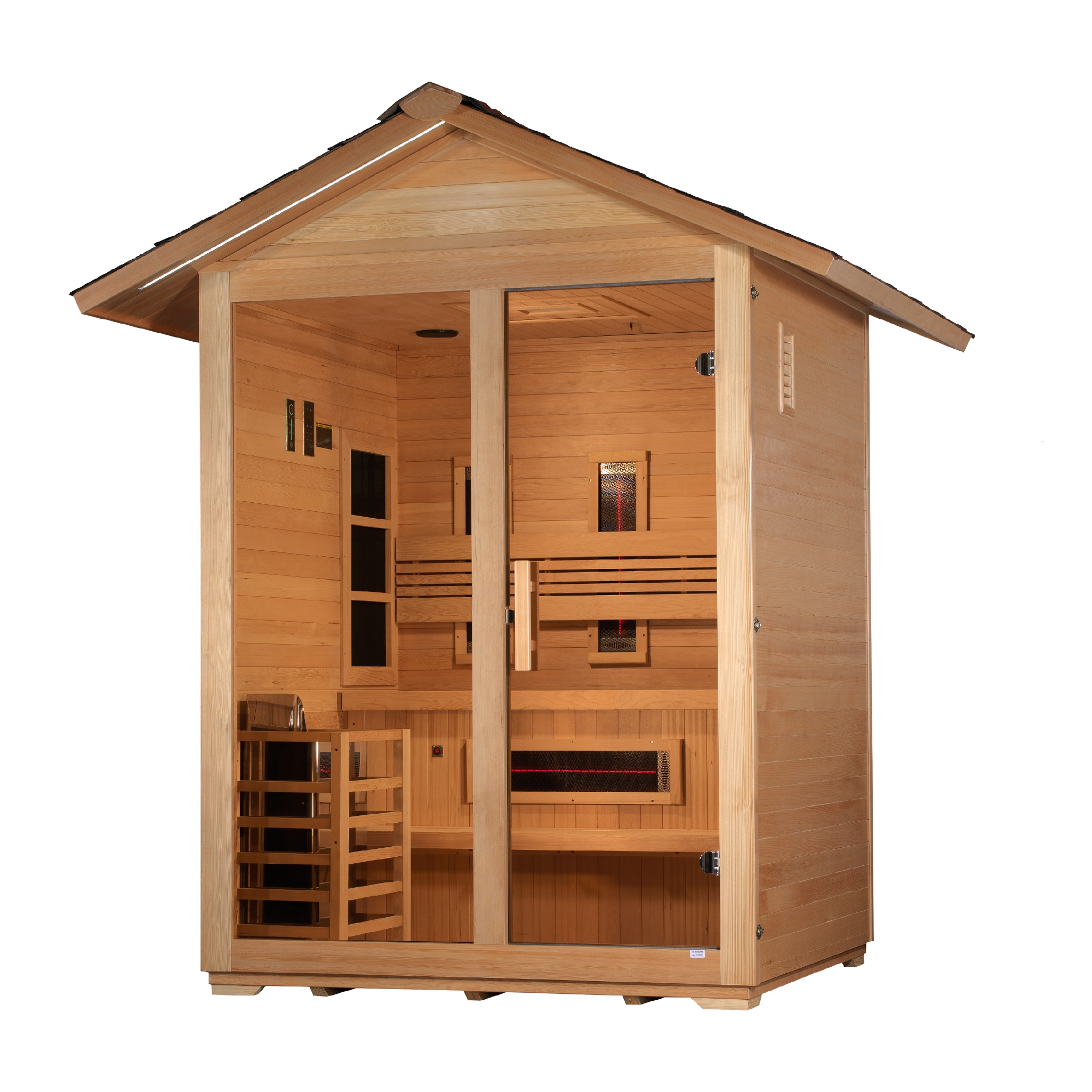 Golden Designs Carinthia 3 Person Hybrid Outdoor Sauna, PureTech™ Full Spectrum Infrared & Traditional Stove, Canadian Hemlock GDI-8123-01