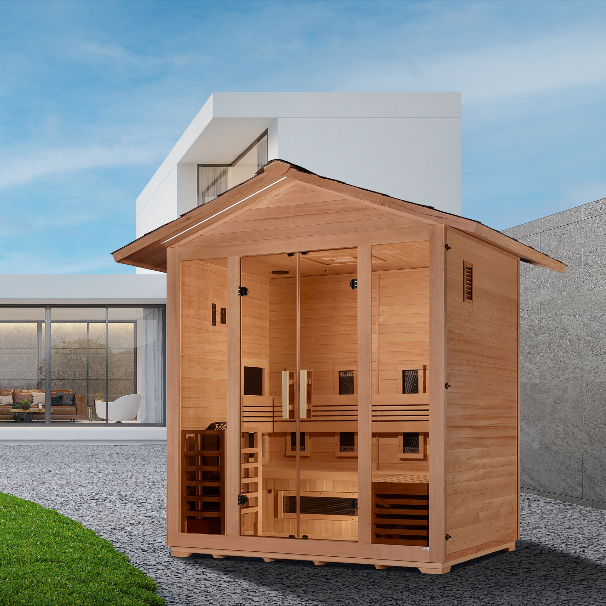 Golden Designs Gargellen 5 Person Hybrid Outdoor Sauna, PureTech™ Full Spectrum Infrared & Traditional Stove, Canadian Hemlock GDI-8125-01