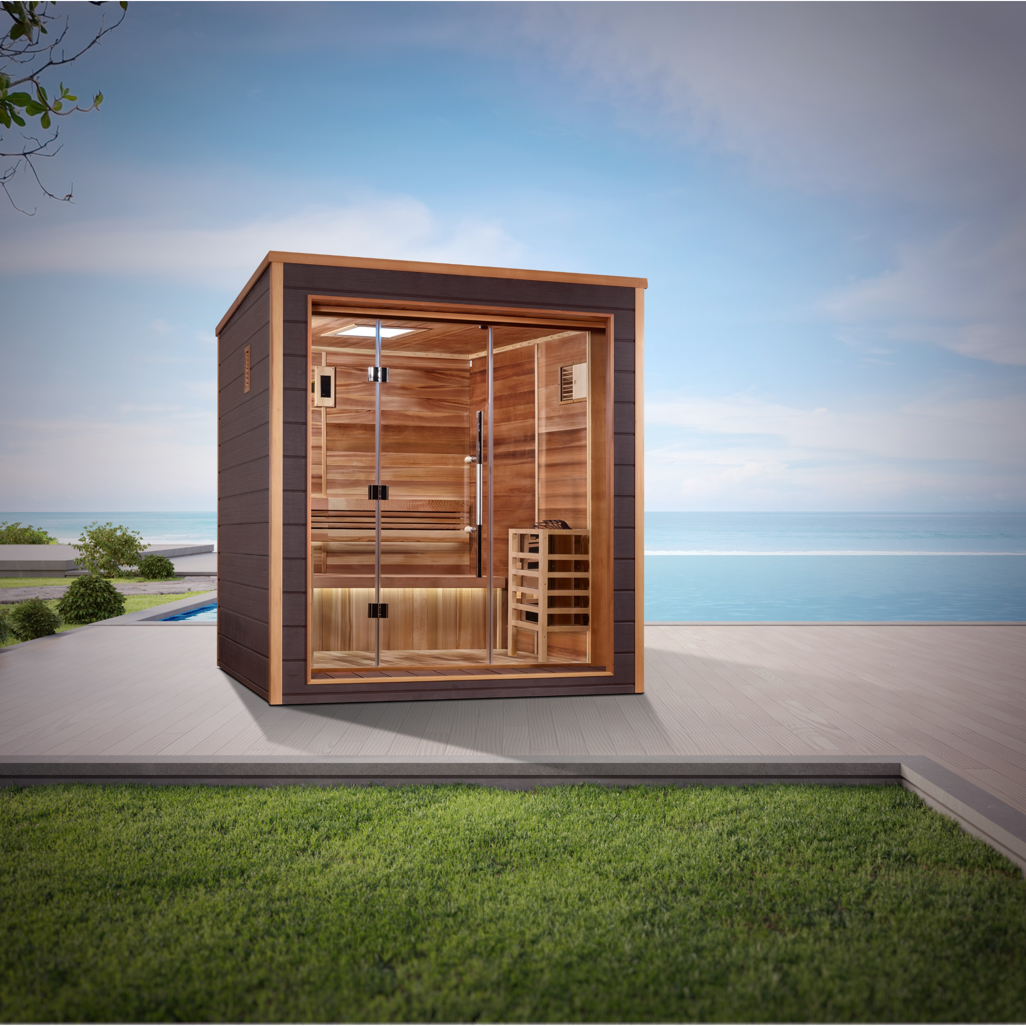 Golden Designs Drammen 3 Person Indoor-Outdoor Traditional Sauna, Canadian Red Cedar Interior, Espresso Finish, GDI-8203-01