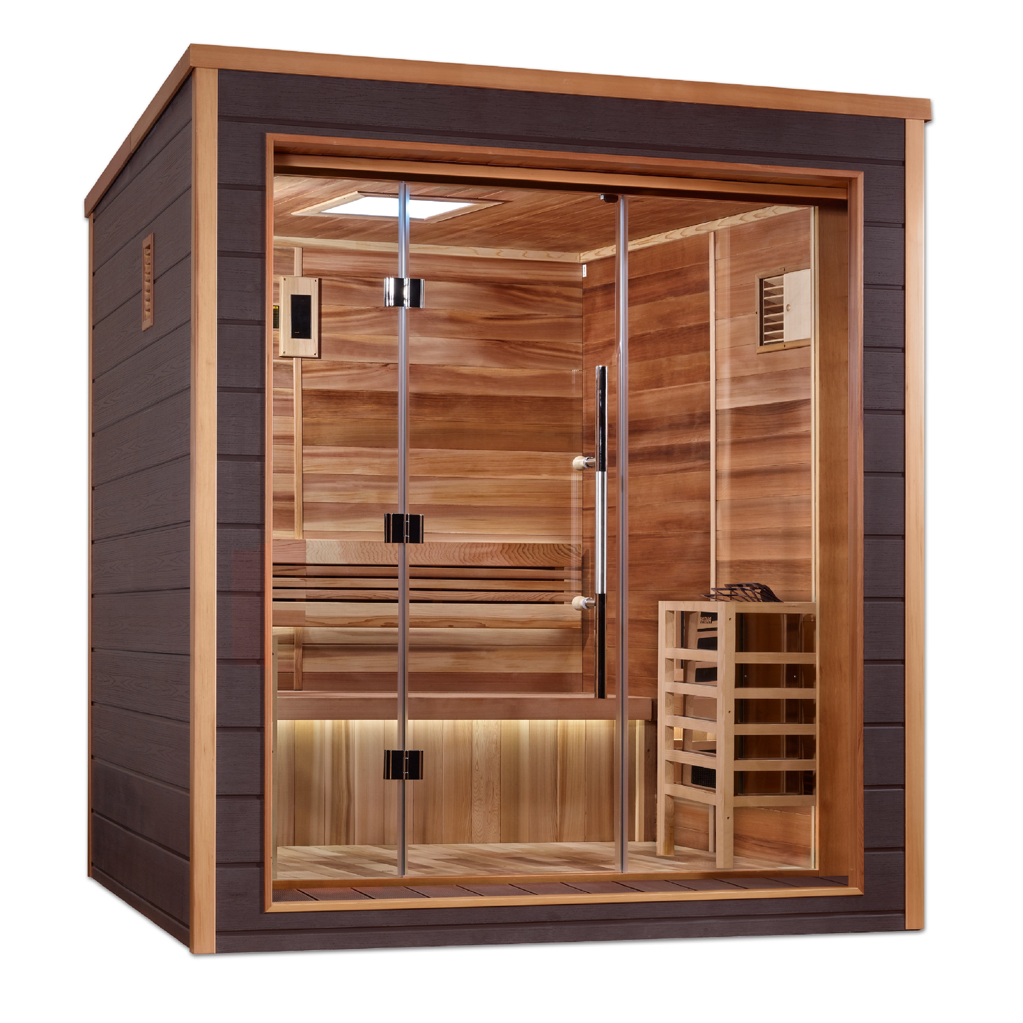 Golden Designs Drammen 3 Person Indoor-Outdoor Traditional Sauna, Canadian Red Cedar Interior, Espresso Finish, GDI-8203-01