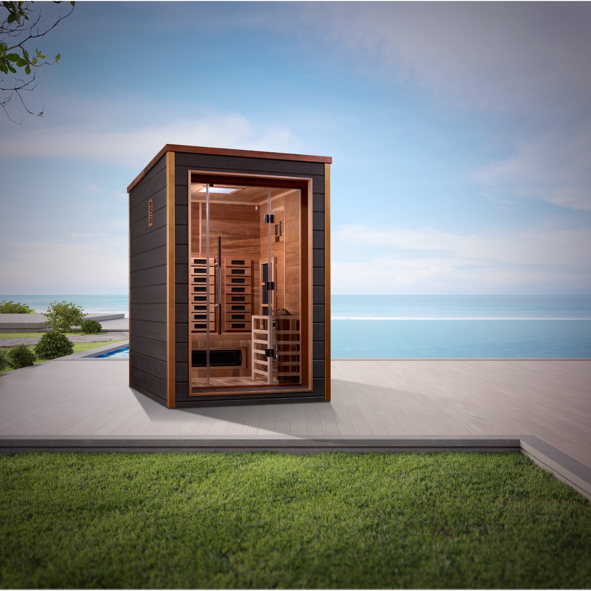 Golden Designs Nora 2 Person Hybrid Outdoor Sauna | PureTech™ Full Spectrum Infrared & Traditional Stove | Canadian Red Cedar Interior | GDI-8222-01