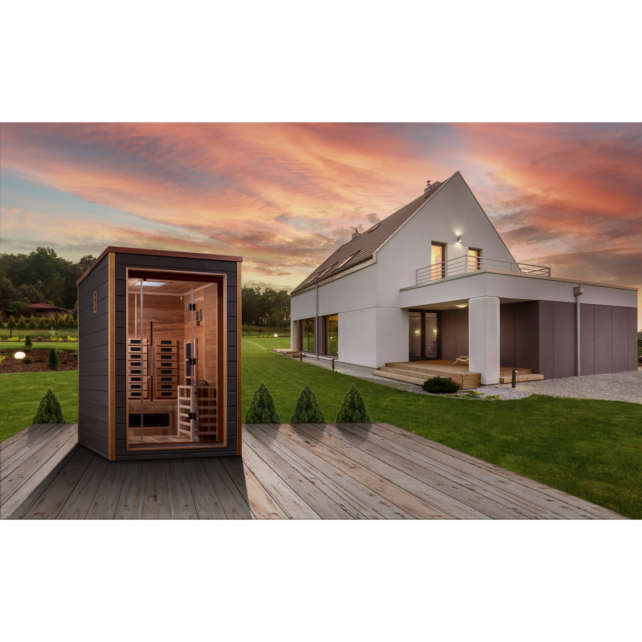 Golden Designs Nora 2 Person Hybrid Outdoor Sauna | PureTech™ Full Spectrum Infrared & Traditional Stove | Canadian Red Cedar Interior | GDI-8222-01