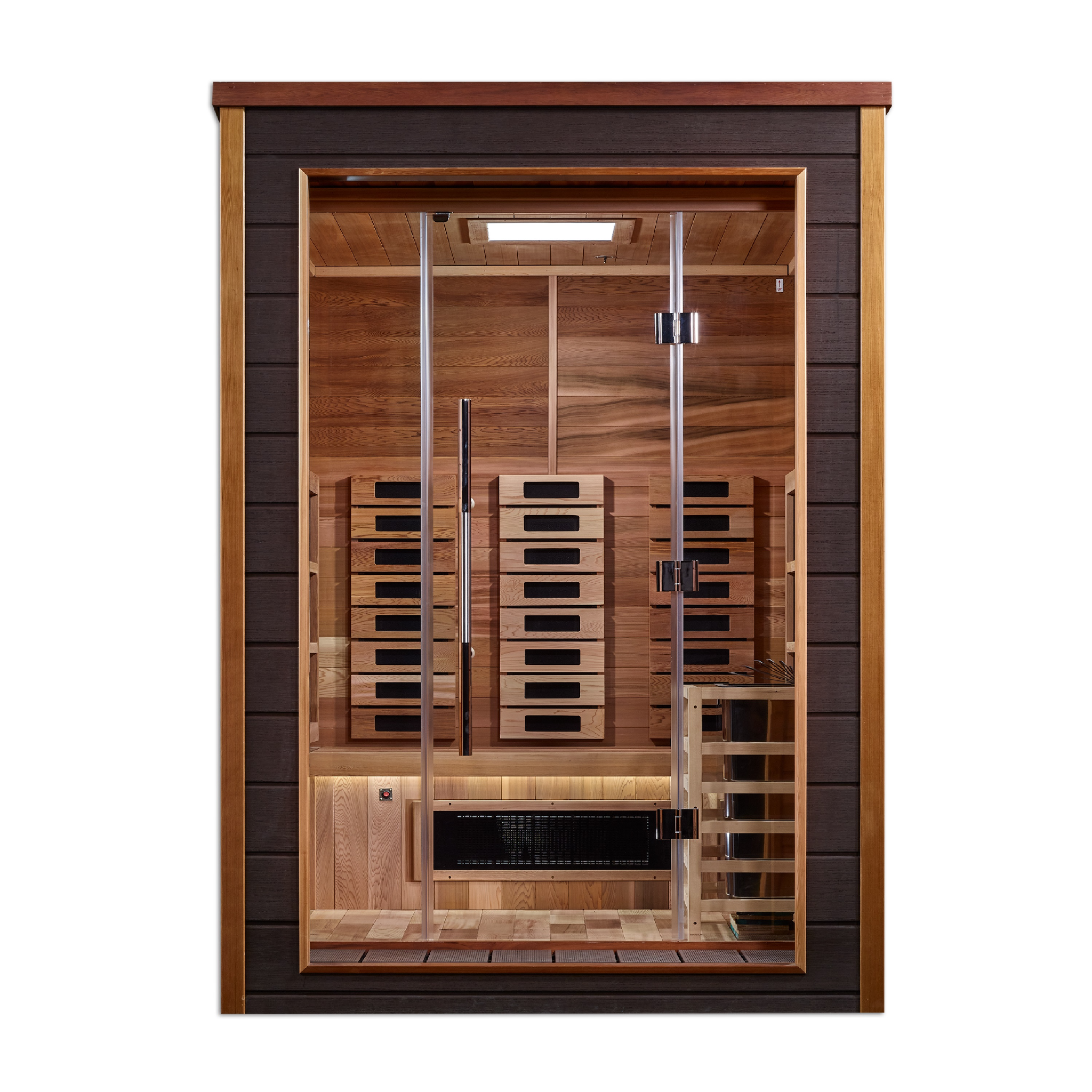 Golden Designs Nora 2 Person Hybrid Outdoor Sauna | PureTech™ Full Spectrum Infrared & Traditional Stove | Canadian Red Cedar Interior | GDI-8222-01