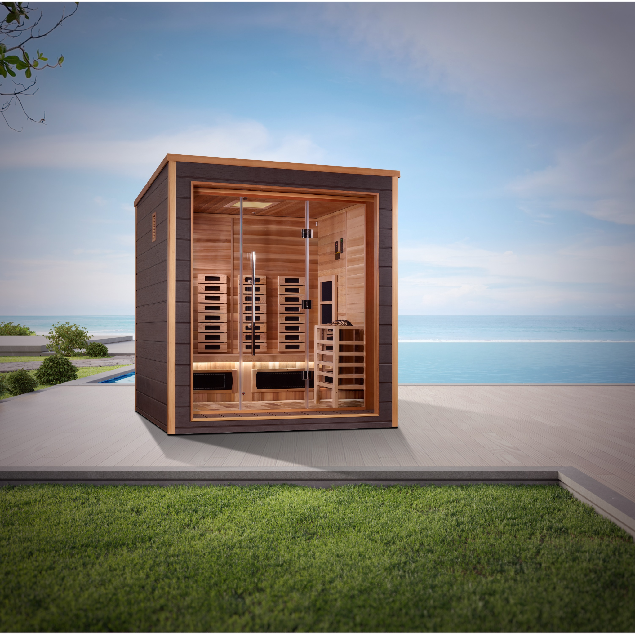 Golden Designs Visby 3 Person Hybrid Outdoor Sauna | PureTech™ Full Spectrum Infrared & Traditional Stove | Canadian Red Cedar Interior | GDI-8223-01