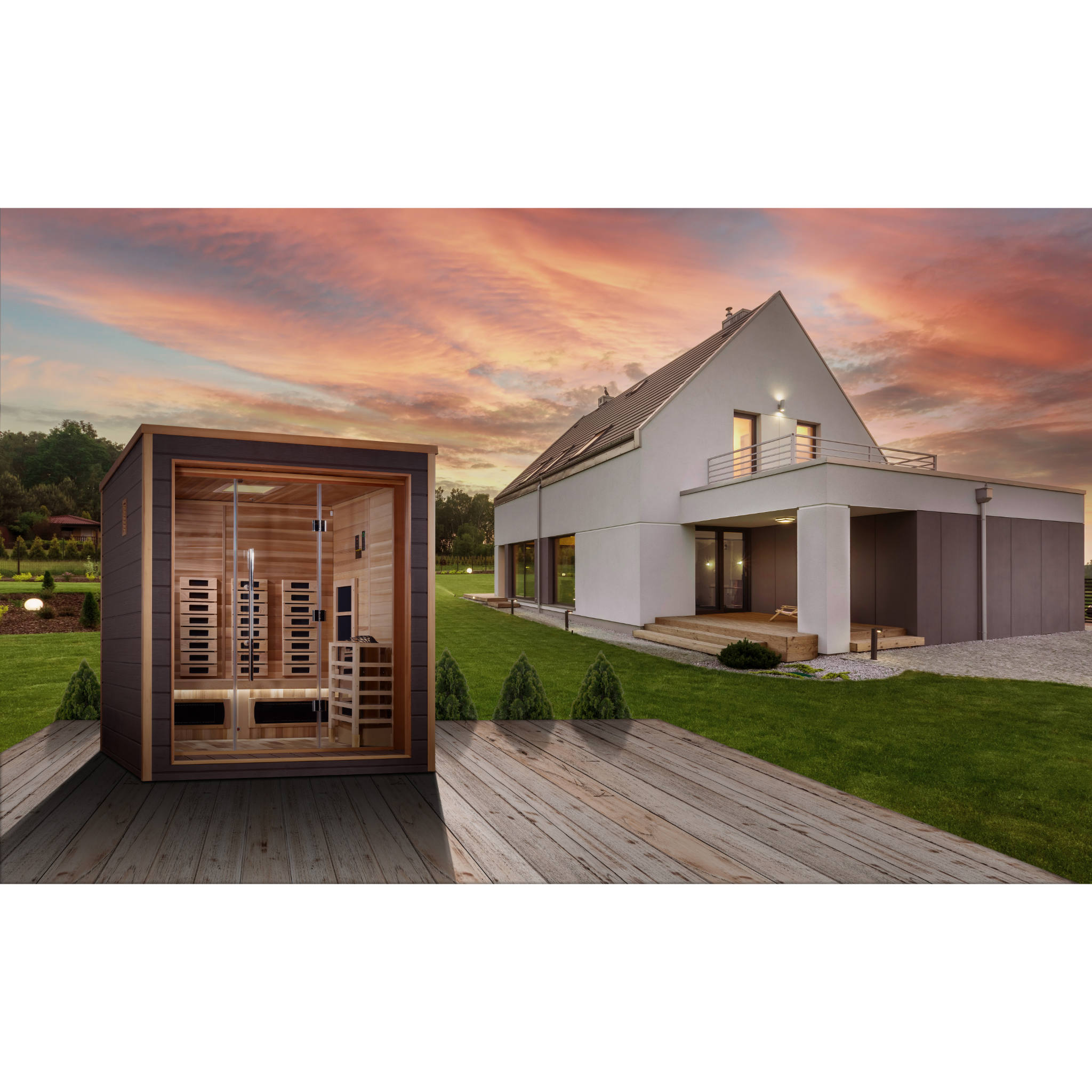 Golden Designs Visby 3 Person Hybrid Outdoor Sauna | PureTech™ Full Spectrum Infrared & Traditional Stove | Canadian Red Cedar Interior | GDI-8223-01