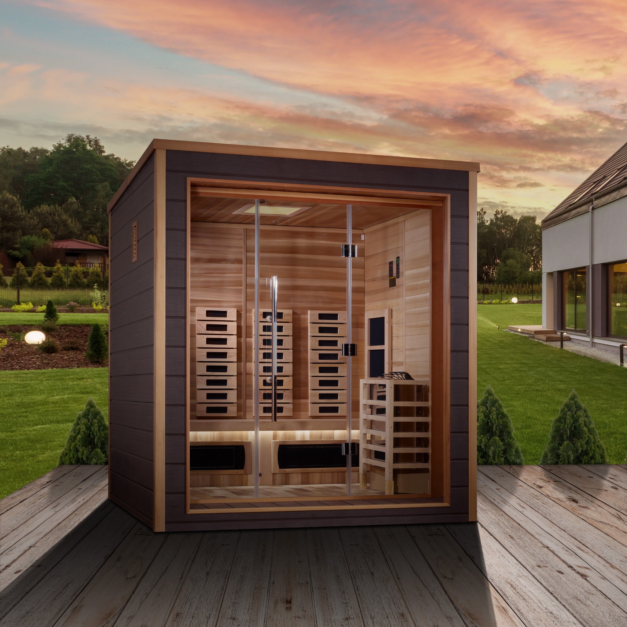 Golden Designs Visby 3 Person Hybrid Outdoor Sauna | PureTech™ Full Spectrum Infrared & Traditional Stove | Canadian Red Cedar Interior | GDI-8223-01