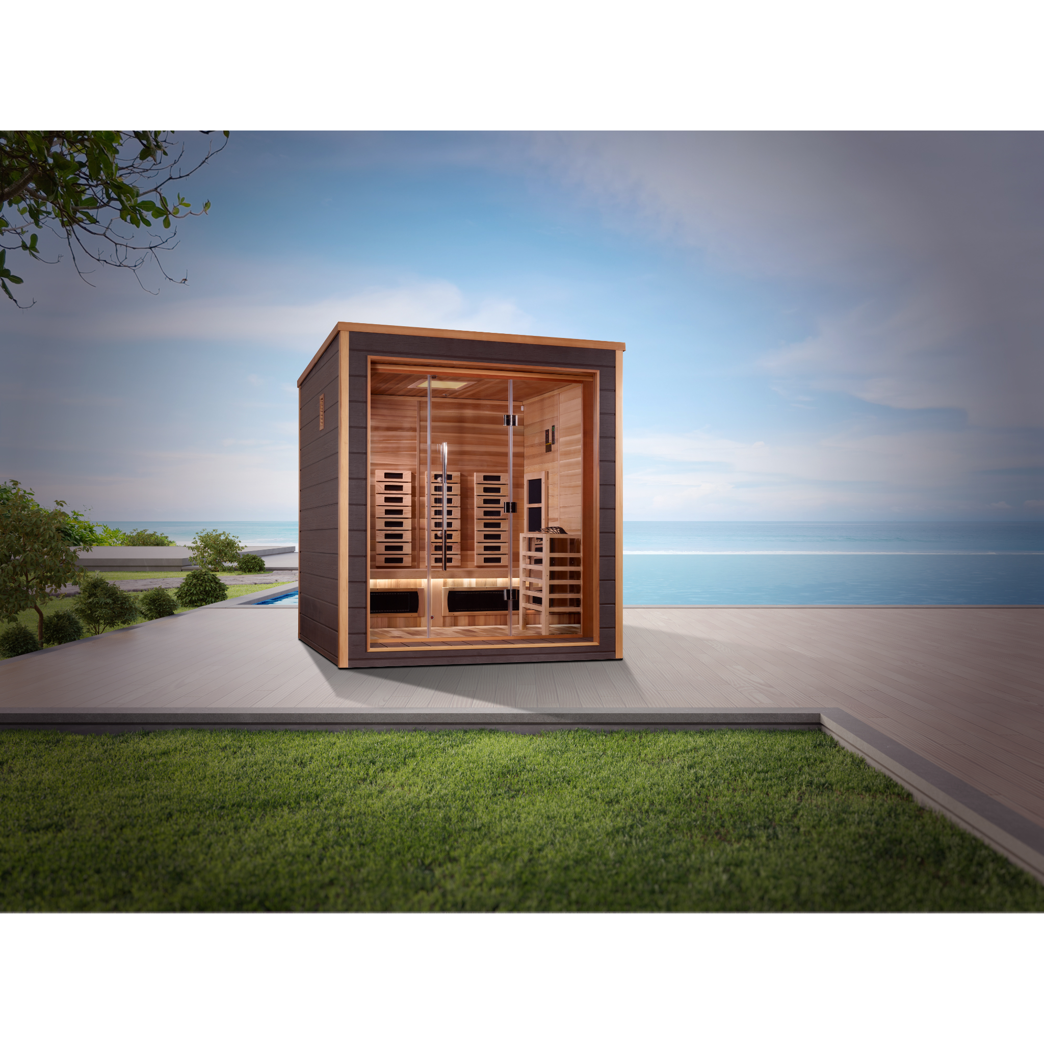 Golden Designs Visby 3 Person Hybrid Outdoor Sauna | PureTech™ Full Spectrum Infrared & Traditional Stove | Canadian Red Cedar Interior | GDI-8223-01