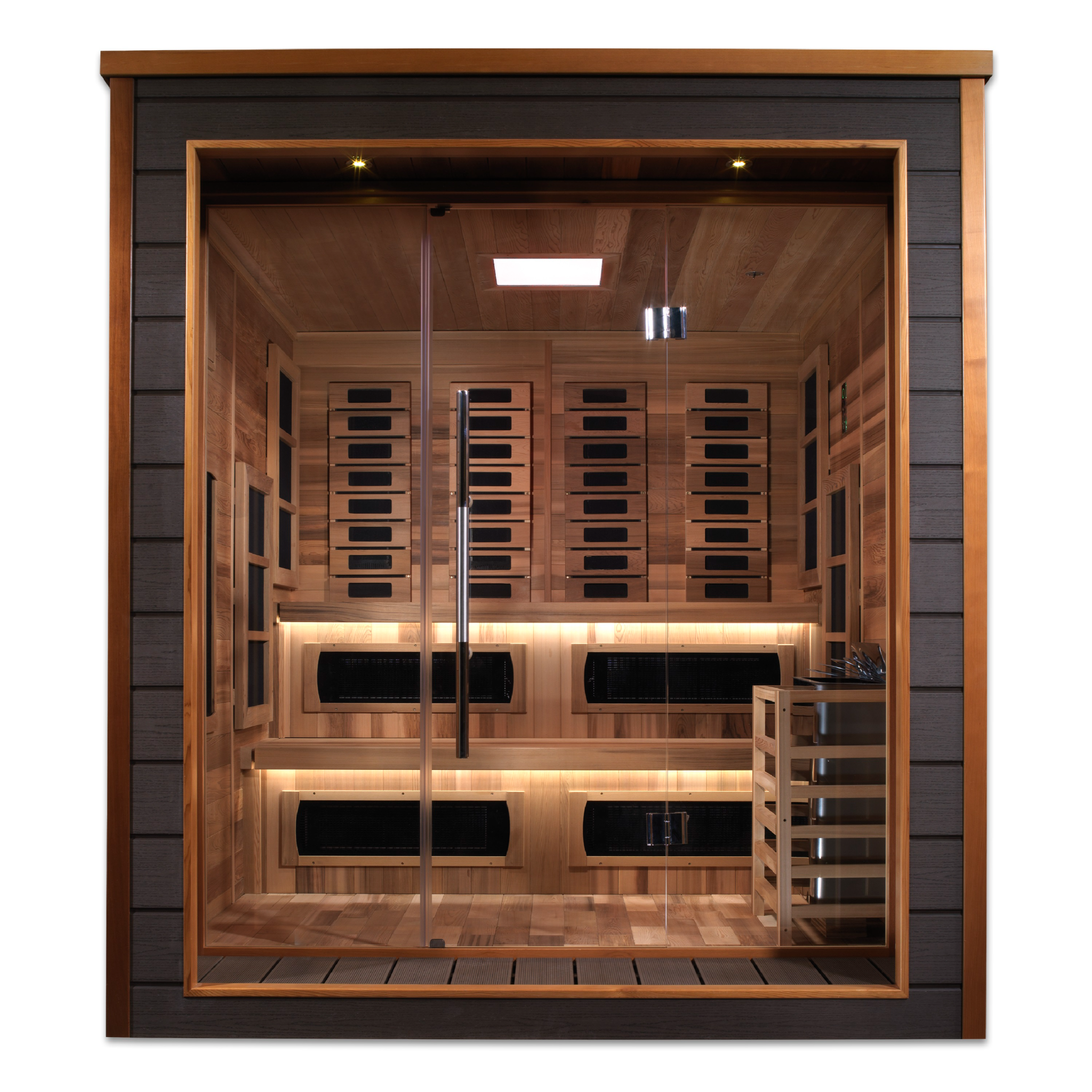 Golden Designs Karlstad 6 Person Hybrid Outdoor Sauna | PureTech™ Full Spectrum Infrared & Traditional Stove | Canadian Red Cedar Interior | GDI-8226-01