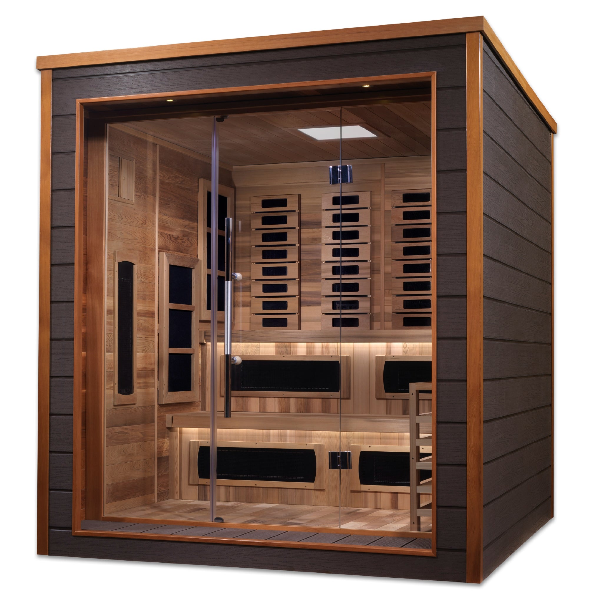 Golden Designs Karlstad 6 Person Hybrid Outdoor Sauna | PureTech™ Full Spectrum Infrared & Traditional Stove | Canadian Red Cedar Interior | GDI-8226-01